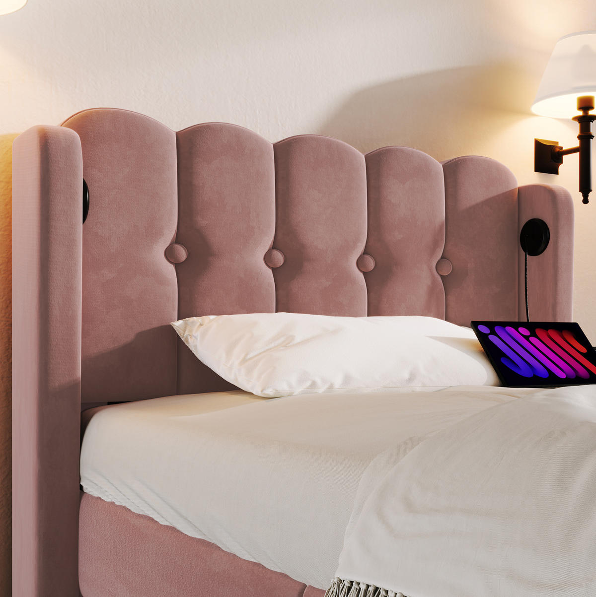 POLSTERBETT 90/200 cm Rosa aus Samt mit USB- und Typ-C-Ladefunktion - Rosa, Textil (90/200cm) - OKMYHOME