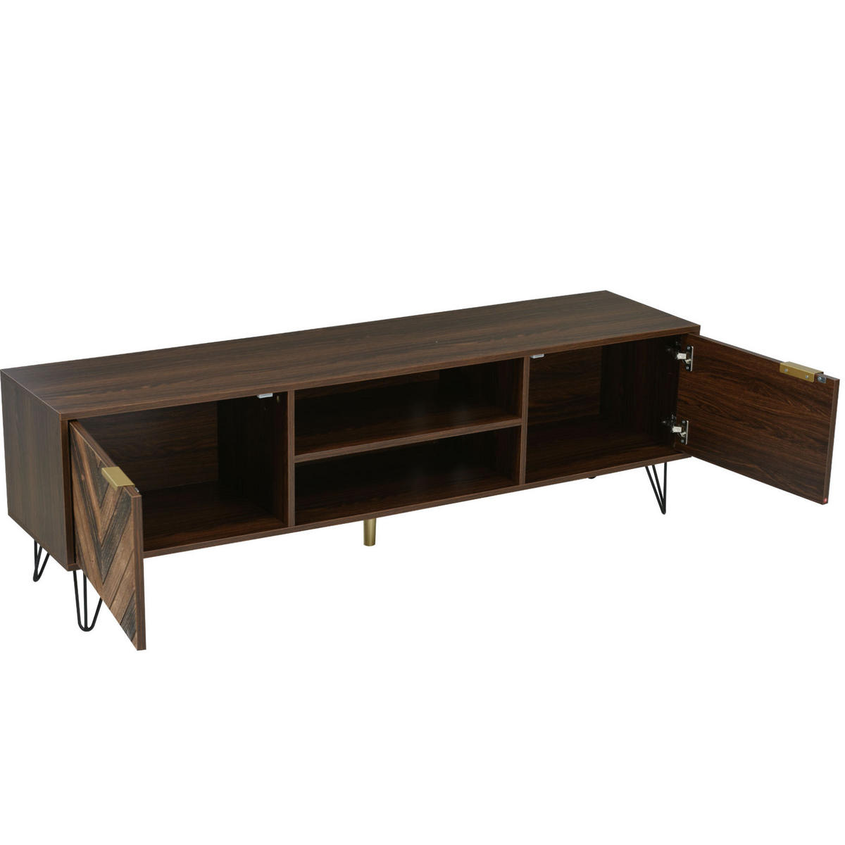 TV-LOWBOARD aus Holzwerkstoff 155x38x48 cm Natur mit 2 Türen, goldfarbenen Griffen und Eisenfüßen - Naturfarben, Holzwerkstoff (155/48/38cm) - Modfu