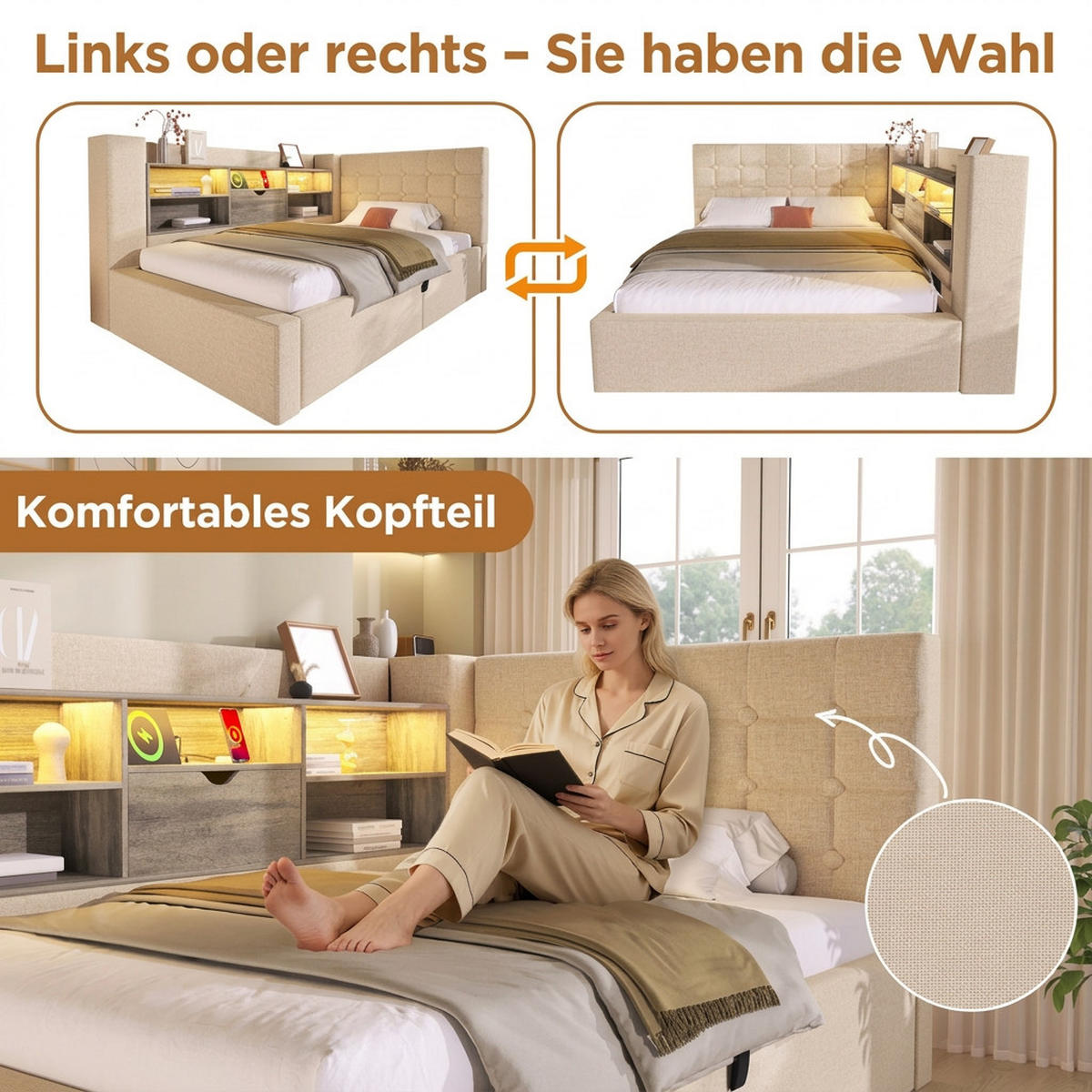 POLSTERBETT 140/200 cm Beige mit LED-Beleuchtung und Stauraum (Ohne Matratze) - Beige, Textil (140/200cm) - Oxeza