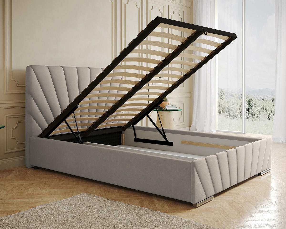 POLSTERBETT Ray 140 x 200 cm mit Bettkasten und Lattenrost Taschenfederkernmatratze mit Kokos 20cm- beige - Beige, Holz (140/200cm) - Homesy