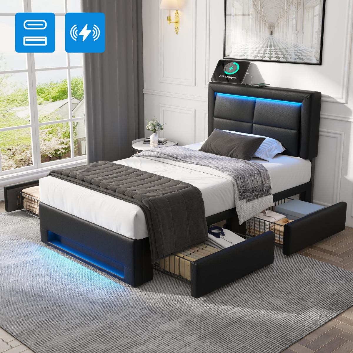 POLSTERBETT 90/190 cm Schwarz mit USB-Anschluss und LED-Beleuchtung - Schwarz, Kunststoff (90/200cm) - OKWISH