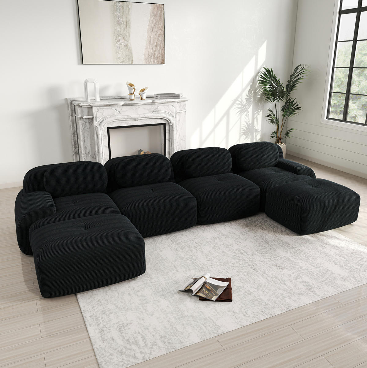 MODULÁRNÍ rohová pohovka černá z manšestru s ergonomickým tvarem - černá, textil (178/388cm) - OKWISH