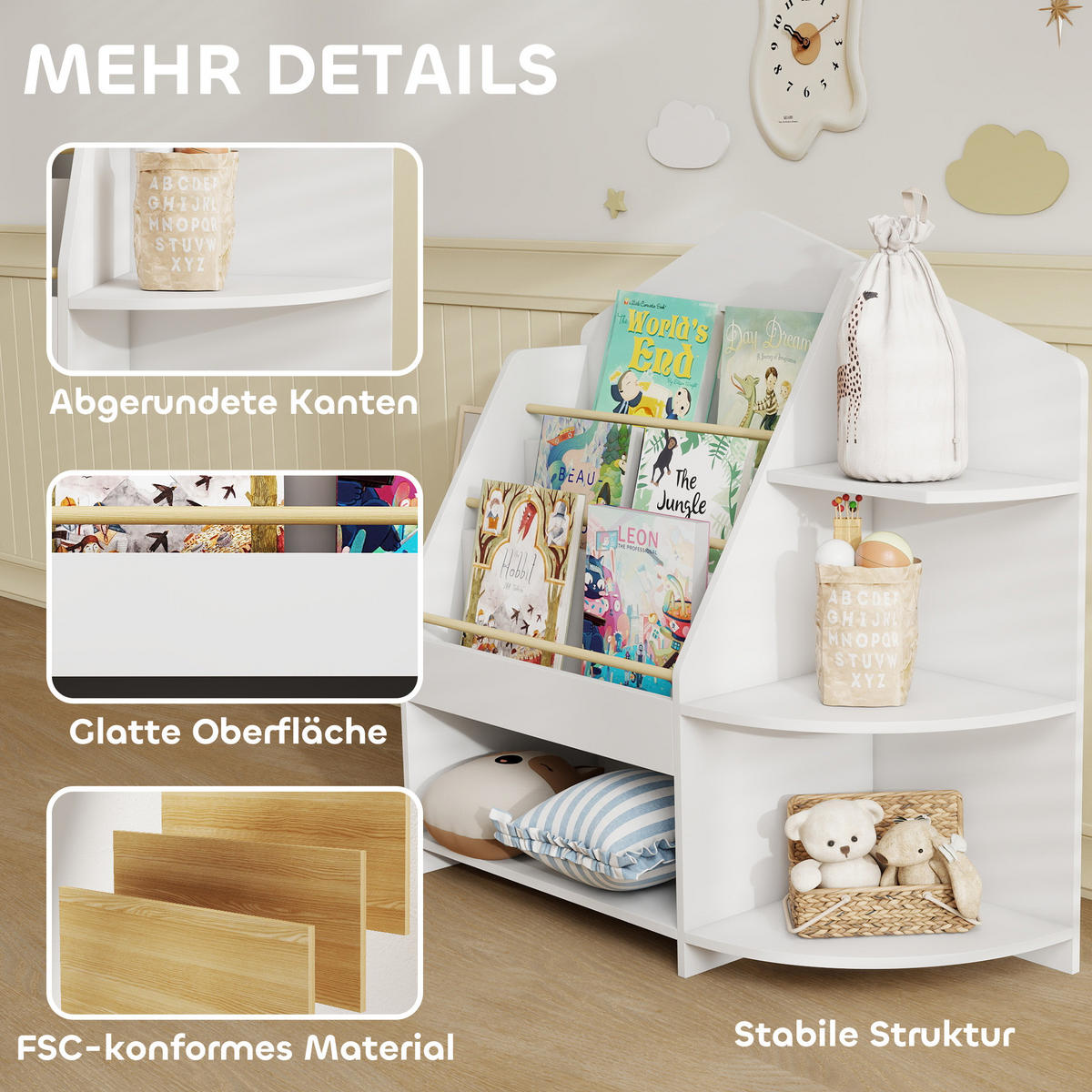 KINDERBÜCHERREGAL MDF Kiefernholz Weiß - Weiß, Holzwerkstoff (30/79.7/80cm) - AIYAPLAY