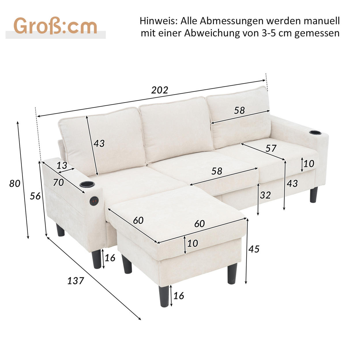 ECKSOFA L-Form 3-Sitzer mit zwei Getränkehaltern und USB und Typ-C-Anschlüssen Beige 202/137/80 cm - Beige, Textil (202/137cm) - OKWISH