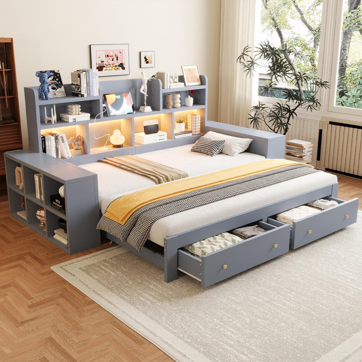 AUSZIEHBETT 90/180/200 cm mit Ablagefächern und Schubladen, DE-41646, in Grau - Grau, Holzwerkstoff (90/200cm) - ComfortXL