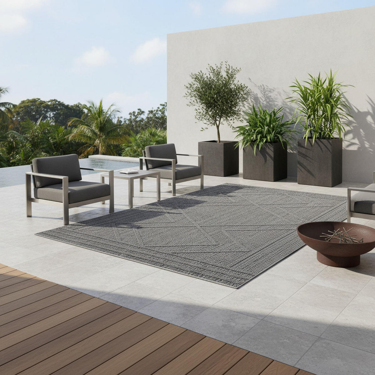 TEPPICH Outdoor Flachgewebe Boho-Muster Polypropylen Küche Grau Rechteckig 140x200 - Grau, Textil (140/200cm) - KADIMA DESIGN