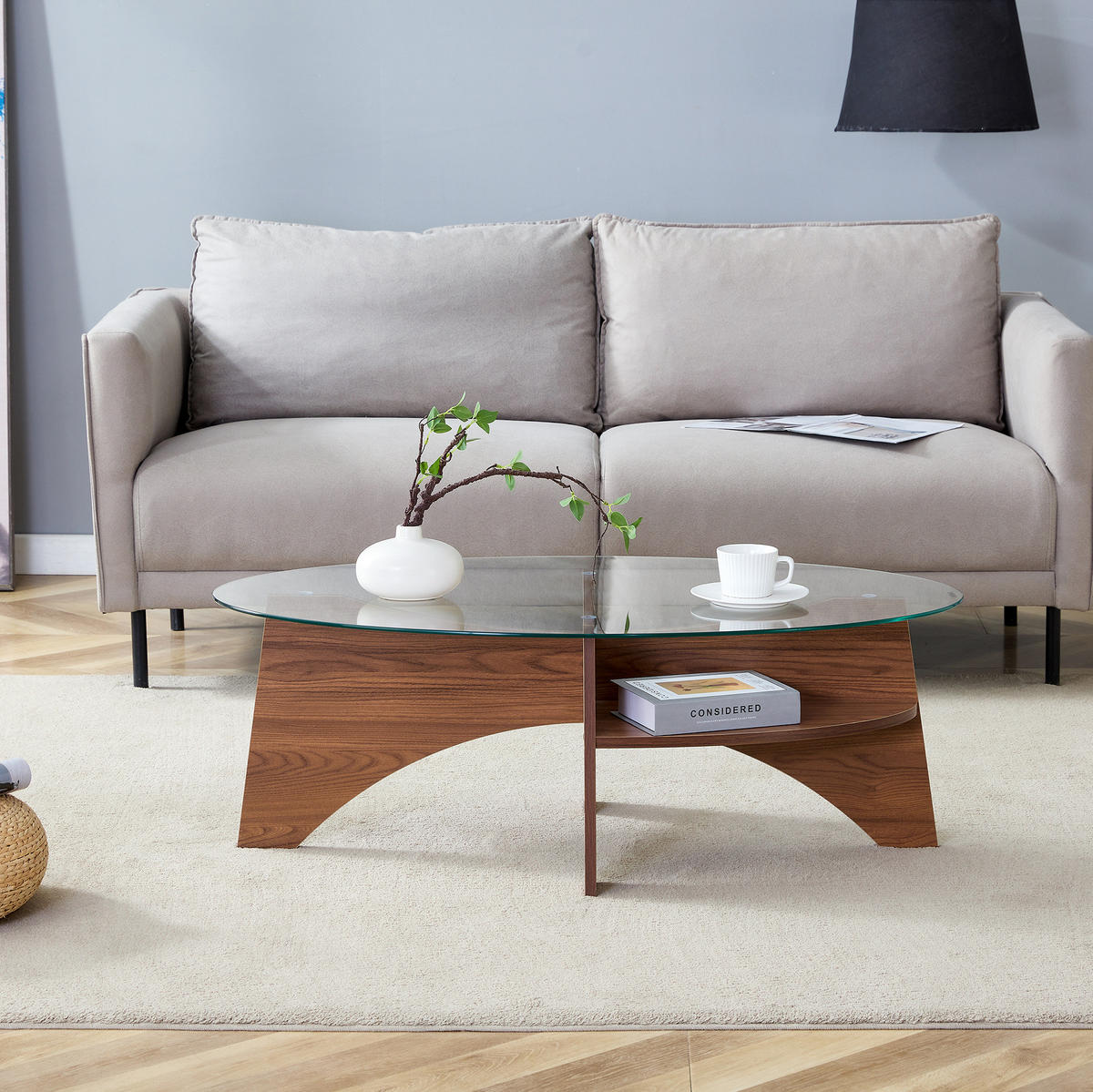 KLUBSKA miza 104,9/60 cm iz MDF in stekla, prozorna/orehova, z odlagalno polico - barve lesa oreha, leseni material (104.9/60/45cm) - BEAOK