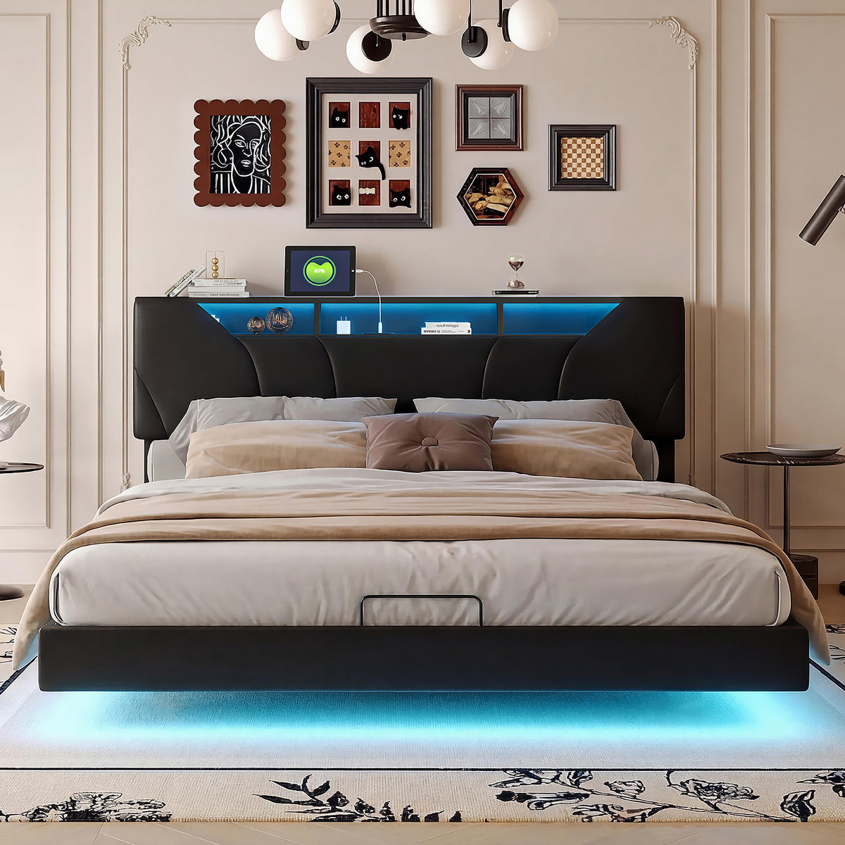 POLSTERBETT 140/200 cm mit großem Ablagekopfteil, USB-Anschluss, LED-Unterbeleuchtung, Lederlook-Bezug - Schwarz, Holz/Metall (140/200cm) - Joyfair