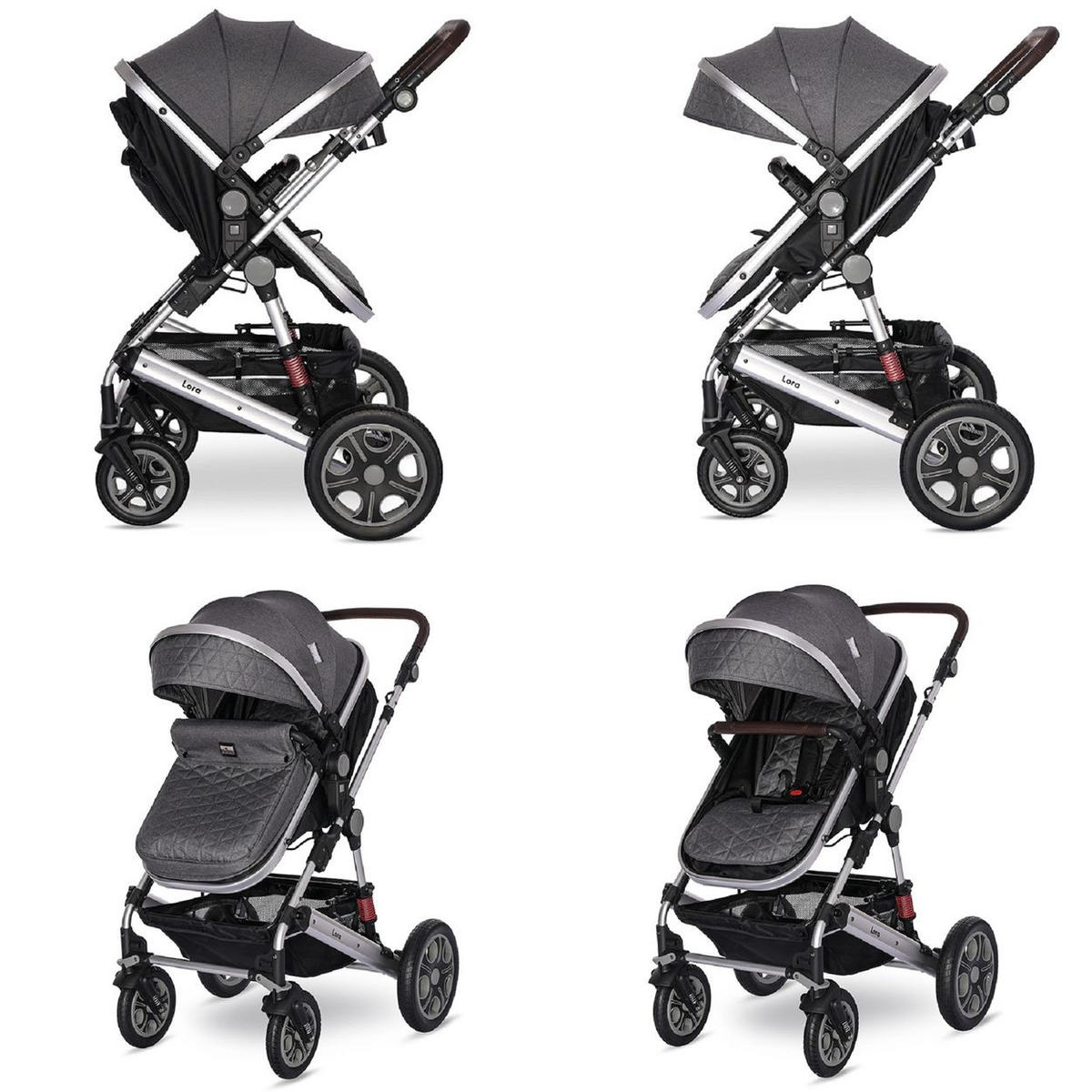 KINDERWAGEN Lora grau/schwarz faltbar Gummiräder Tragetasche Sportsitz Fußabdeckung - Schwarz, Metall (85/68/112cm) - Lorelli