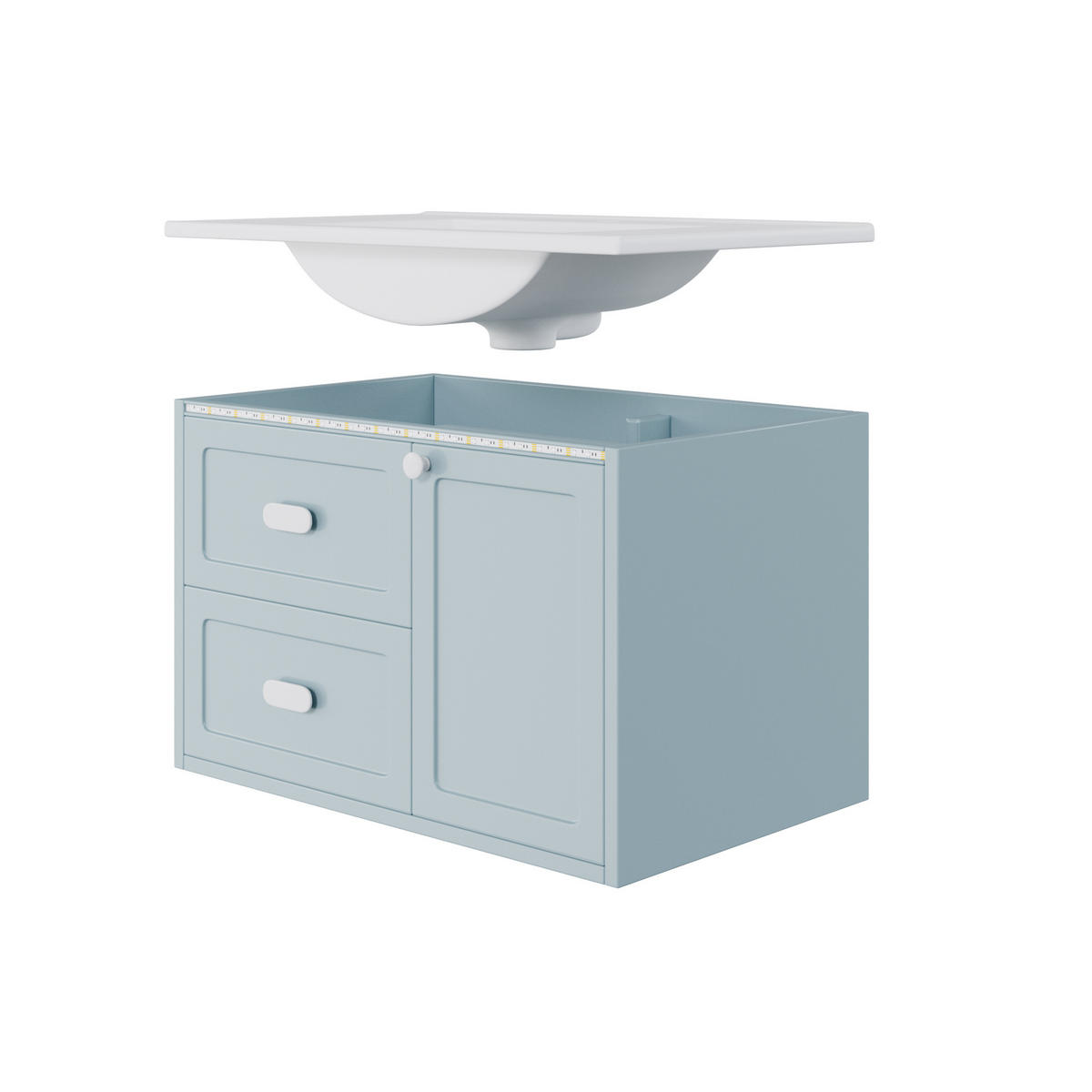 BADEZIMMER-HÄNGESCHRANK 76x46x51 cm Blau aus Keramik & Spanplatte mit Radar-Sensor-LED & 2 Schubladen - Blau, Holzwerkstoff (76/51/46cm) - Modfu