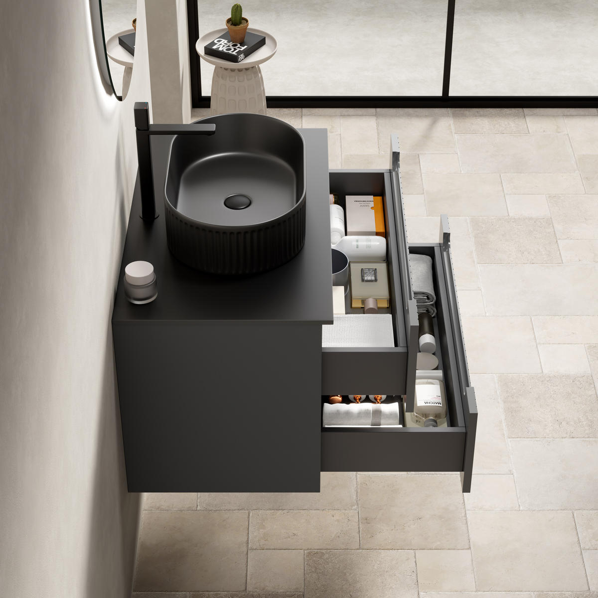 WASCHTISCHUNTERSCHRANK 80x46x62.2cm Schwarz/Dunkelgrau mit ovalem Keramikbecken & 2 Schubladen - Dunkelgrau, Keramik (80/62.2/46cm) - Modfu