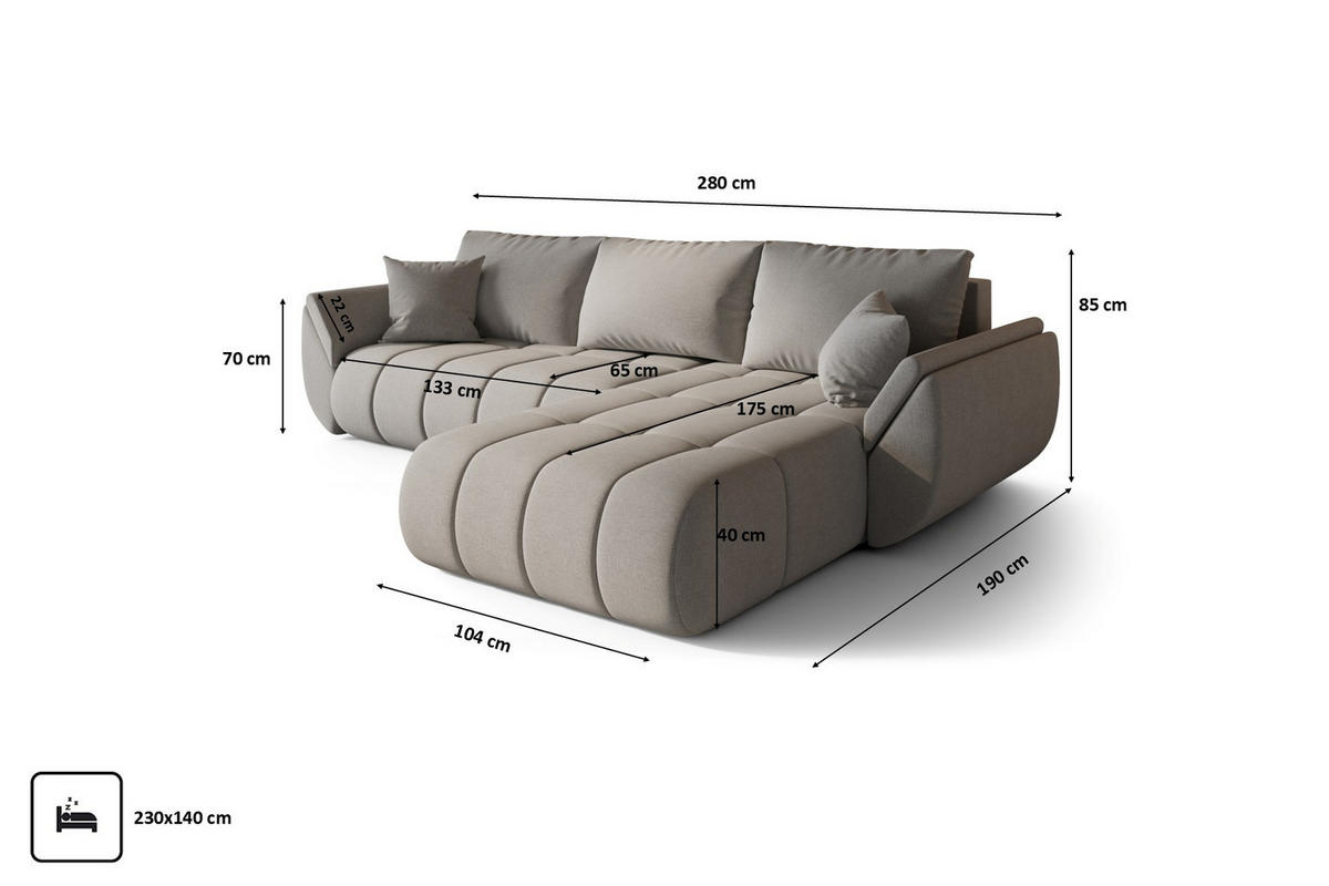 ECKSOFA TOKYO PREMIUM mit Schlaffunktion, Stoff WIND, Sandgrau, Rechts - Grau, Holz (280/190cm) - Kaiser Möbel