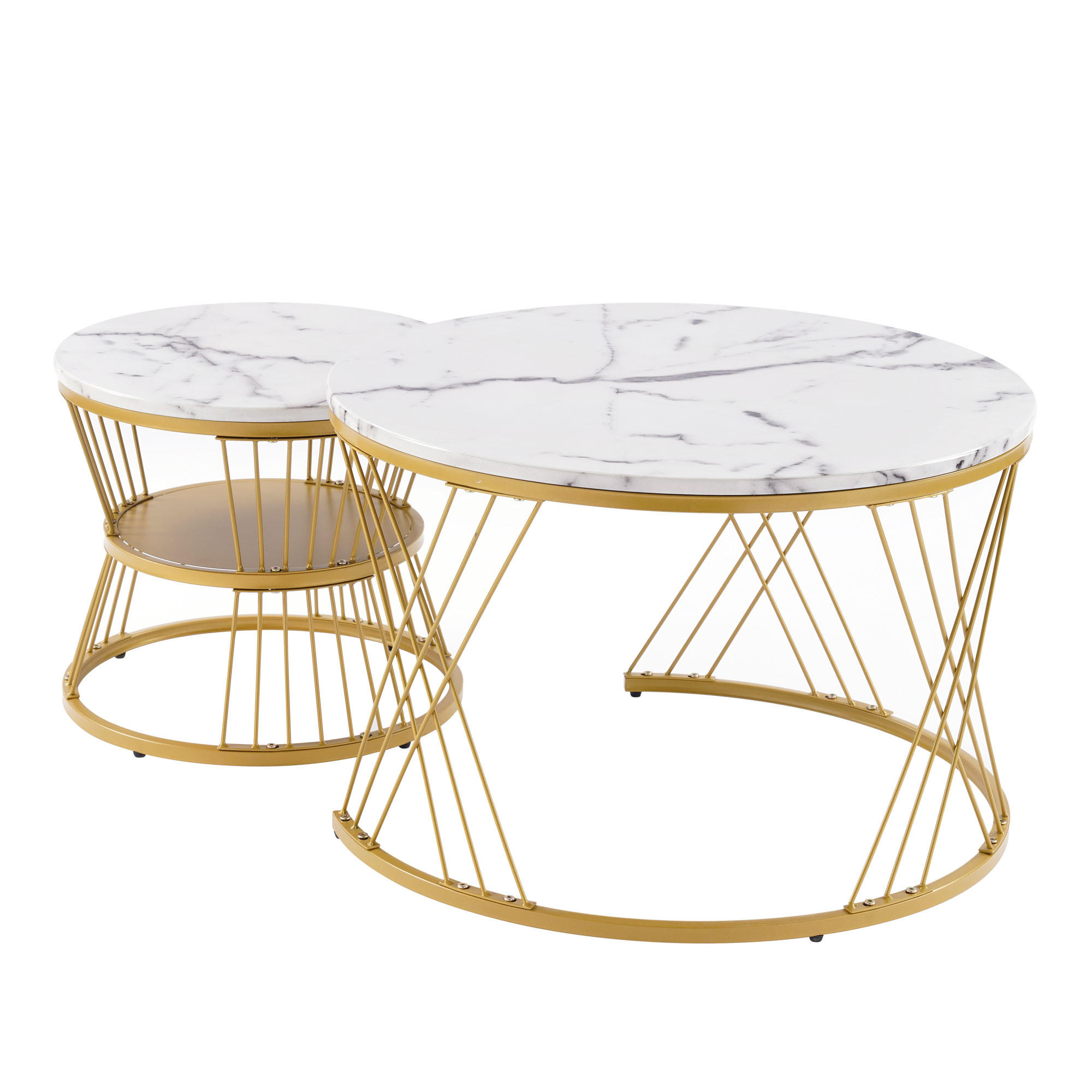 COUCHTISCH Weiß 2er-Set mit Marmoroptik und goldfarbenem Gestell - Weiß, Holzwerkstoff (70/70/45cm) - PANGIVO