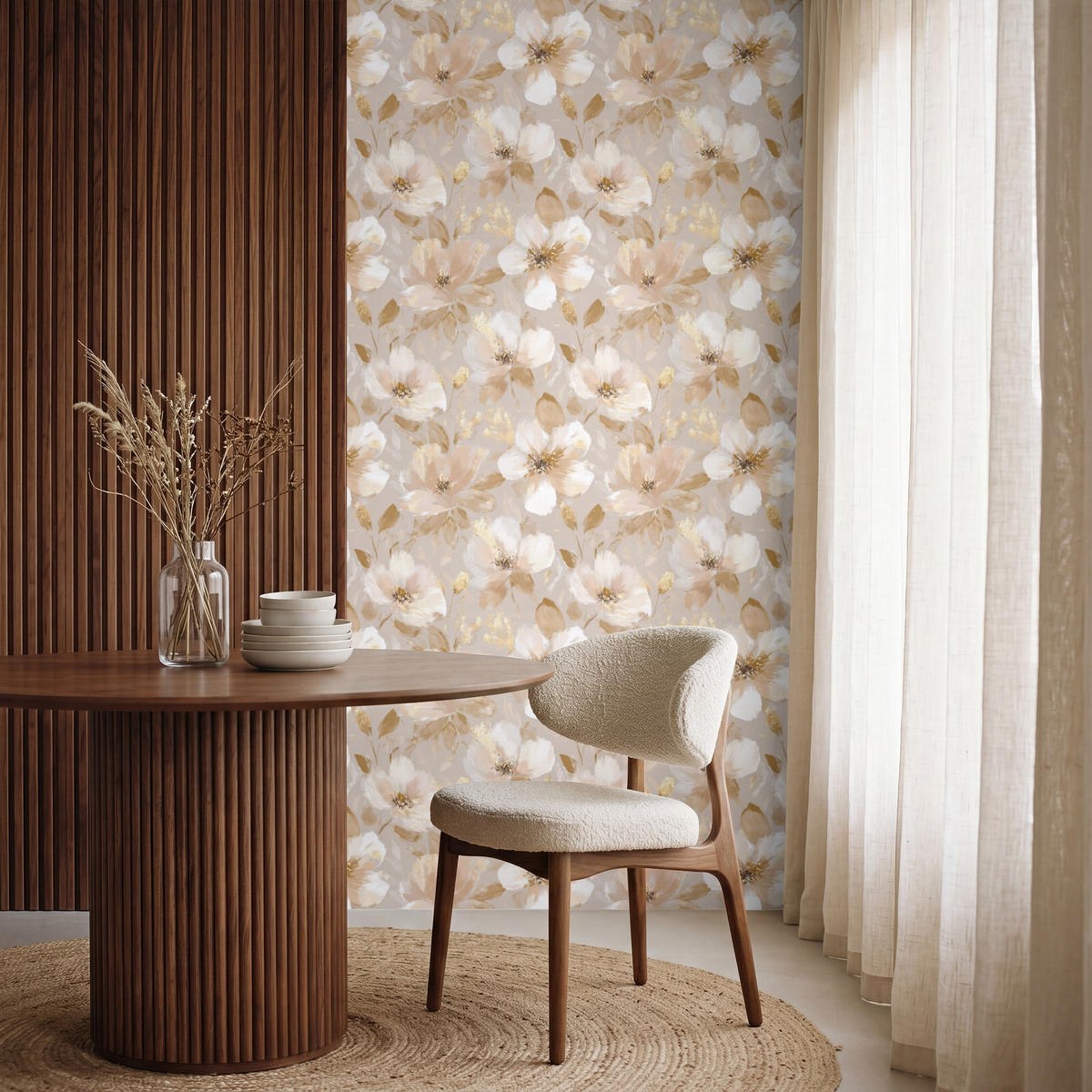 TAPETE - Blumen - künstlerisch - Gold - 120x260 cm - Beige, Papier (120/260cm) - OnlyWow