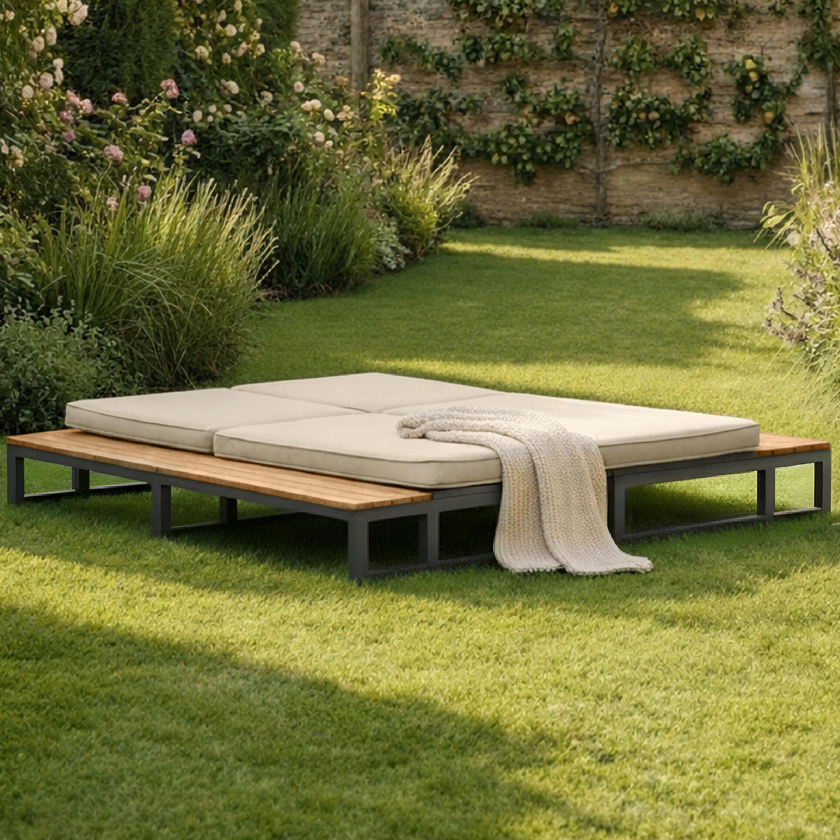 SONNENLIEGE aus Metall & wasserabweisendem Stoff 184x159x73 cm in Beige - Beige, Metall (159/73/184cm) - Modfu