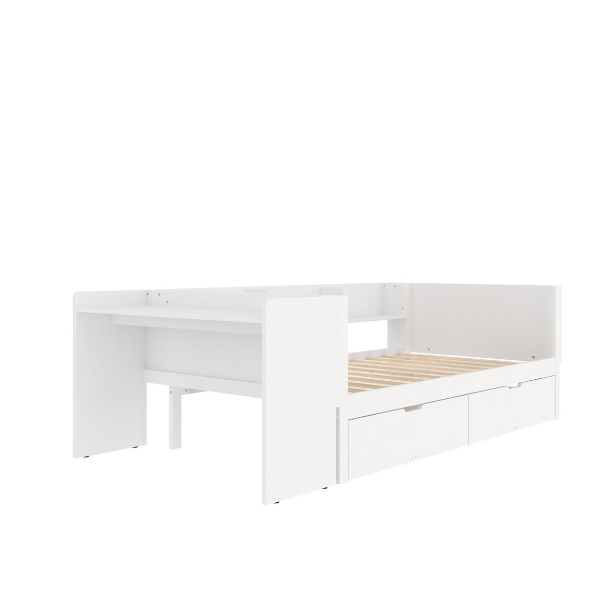 HOLZBETT 90/200 cm DE-04765, mit Schreibtisch, 2 Schubladen und Regalen in Weiß - Weiß, Holz/Holzwerkstoff (90/200cm) - ComfortXL