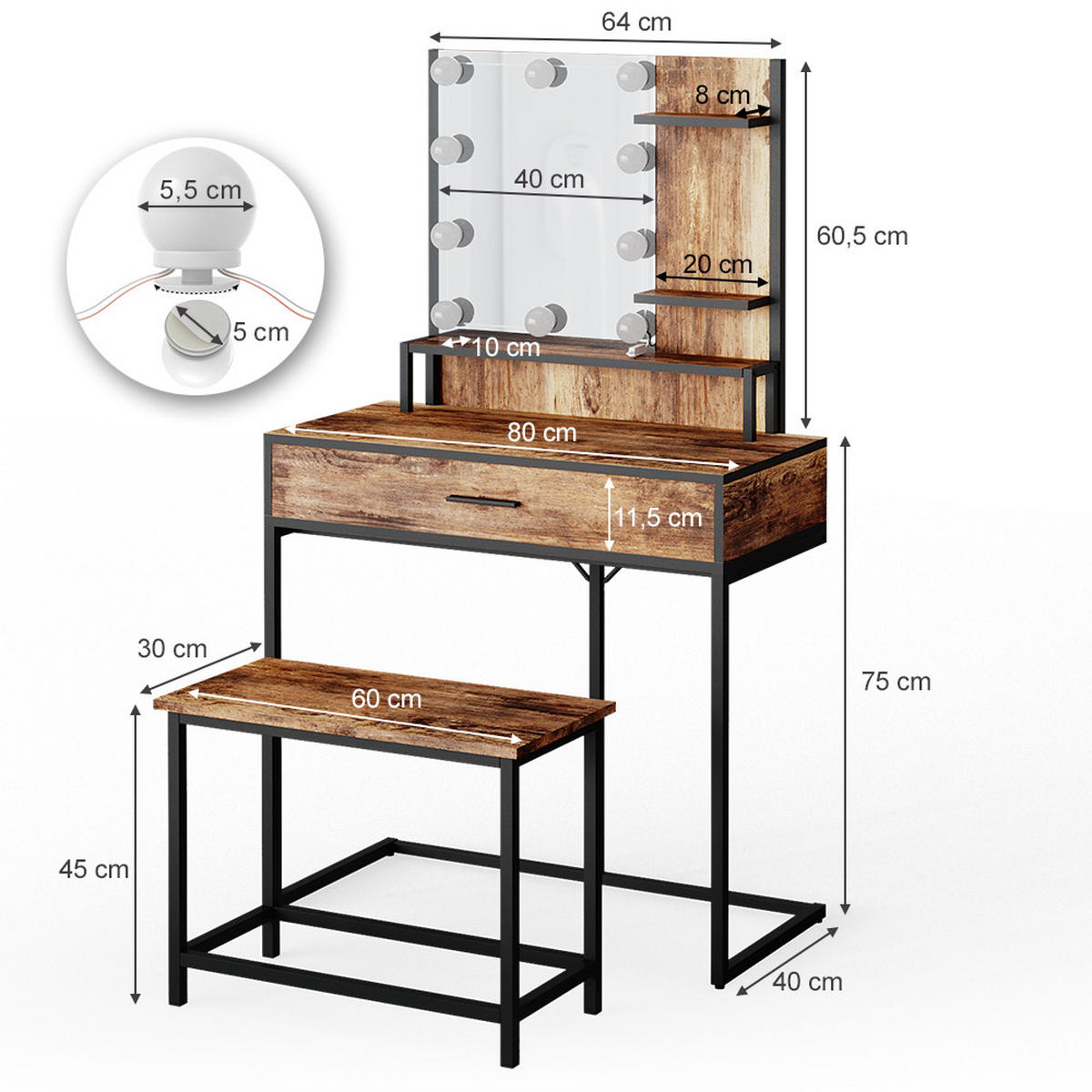 SCHMINKTISCH Fyrk Antikholz 80 cm mit LED Beleuchtung und Stuhl - Alteiche/Schwarz, Holzwerkstoff (80/135.5/40cm) - Vicco