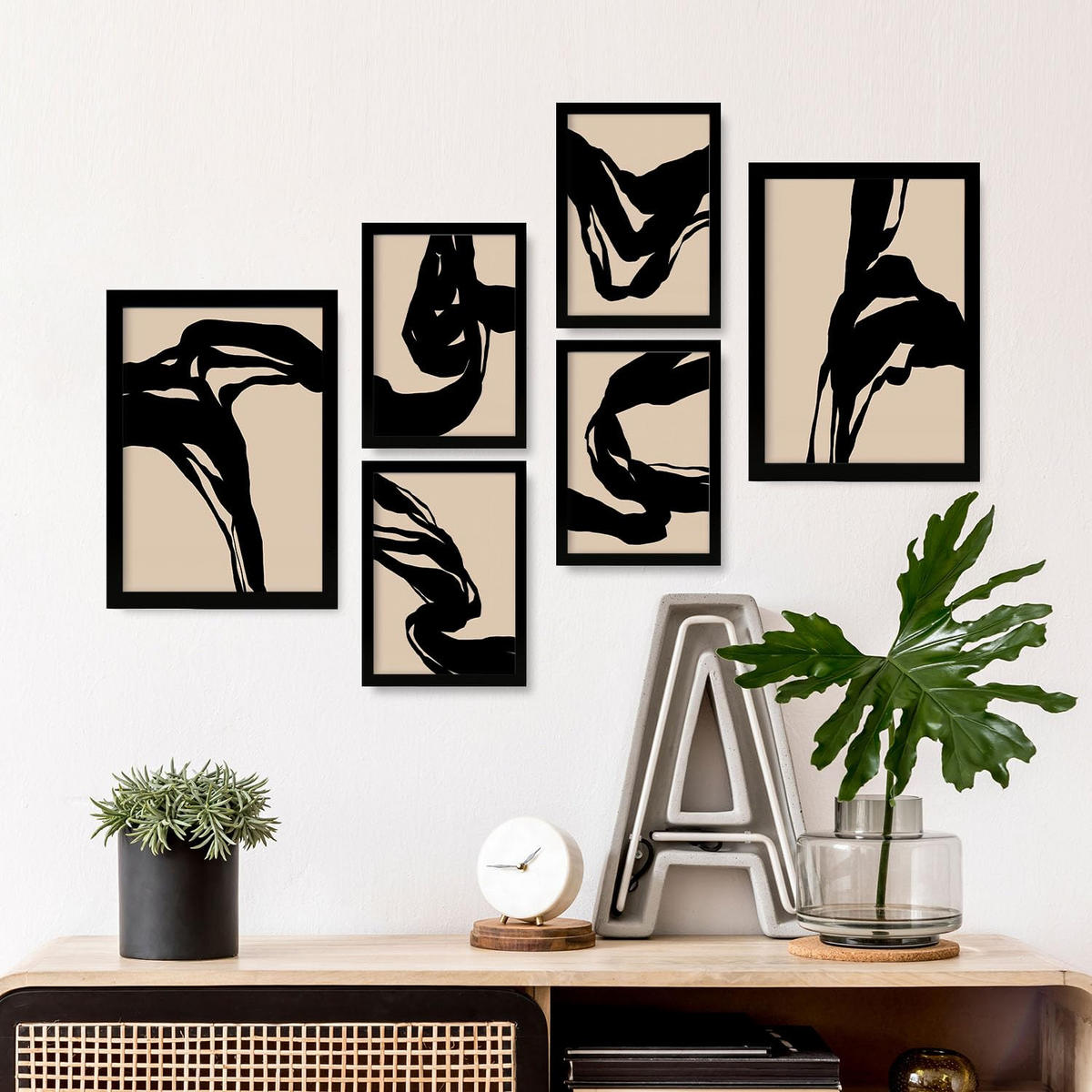 POSTER Set Mit 6 Kraftvoll In Abstrakter Form Ästhetische Dekorative Gemälde Für Ihr Wohnzimmer, Schlafzimmer Oder Zuhause A3 & A4 Schwarzer Rahmen - Schwarz, Papier (29/3cm) - Nacnic