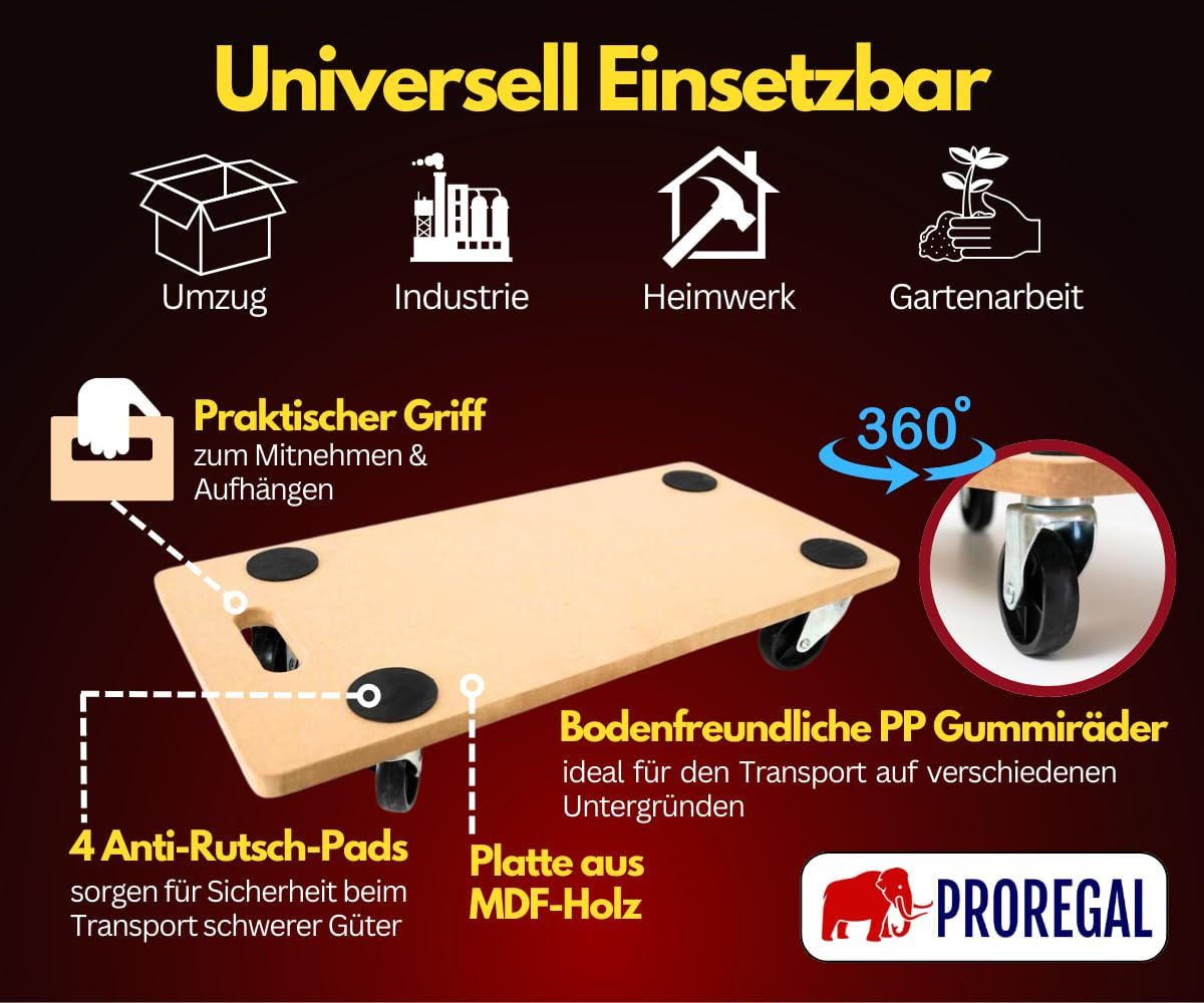 TRANSPORTROLLER mit 4 Rollen 11,5x30x60cm Traglast 200kg MDF Holzplatte Braun 2 Stück - Hellbraun, Holzwerkstoff (60/30/11.5cm) - PROREGAL