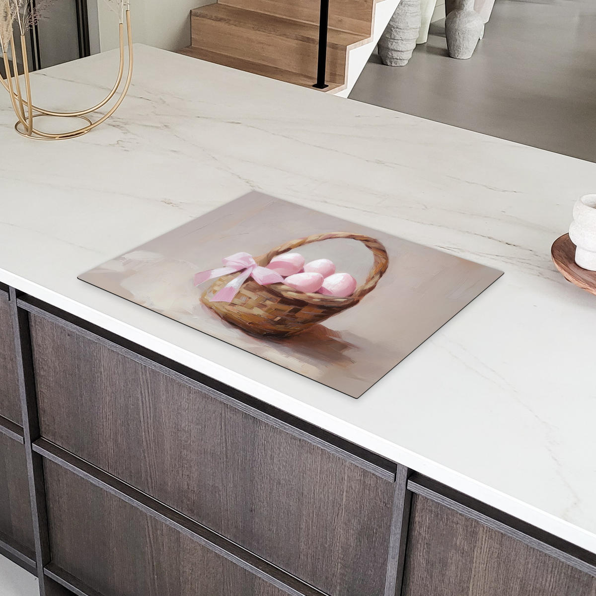 HERDABDECKPLATTE Korb - Eier - Rosa Herdabdeckung Induktionsfeld 70x52 cm - Beige, Kunststoff (70/52/0.2cm) - MuchoWow