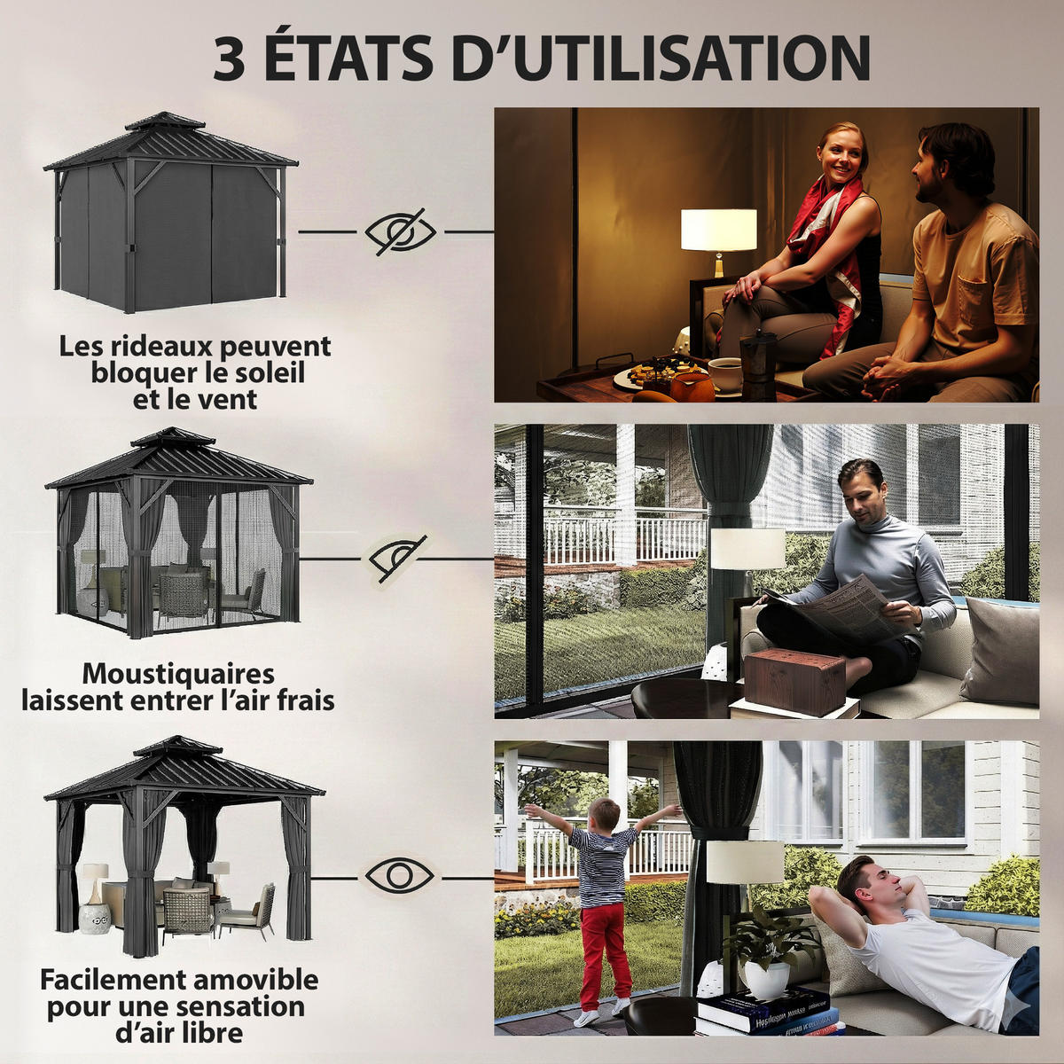 PAVILLON DE-12761 300/300 cm Doppeldach aus Stahl mit Moskitonetz Dunkelgrau - Dunkelgrau, Metall (301/293/301cm) - ComfortXL