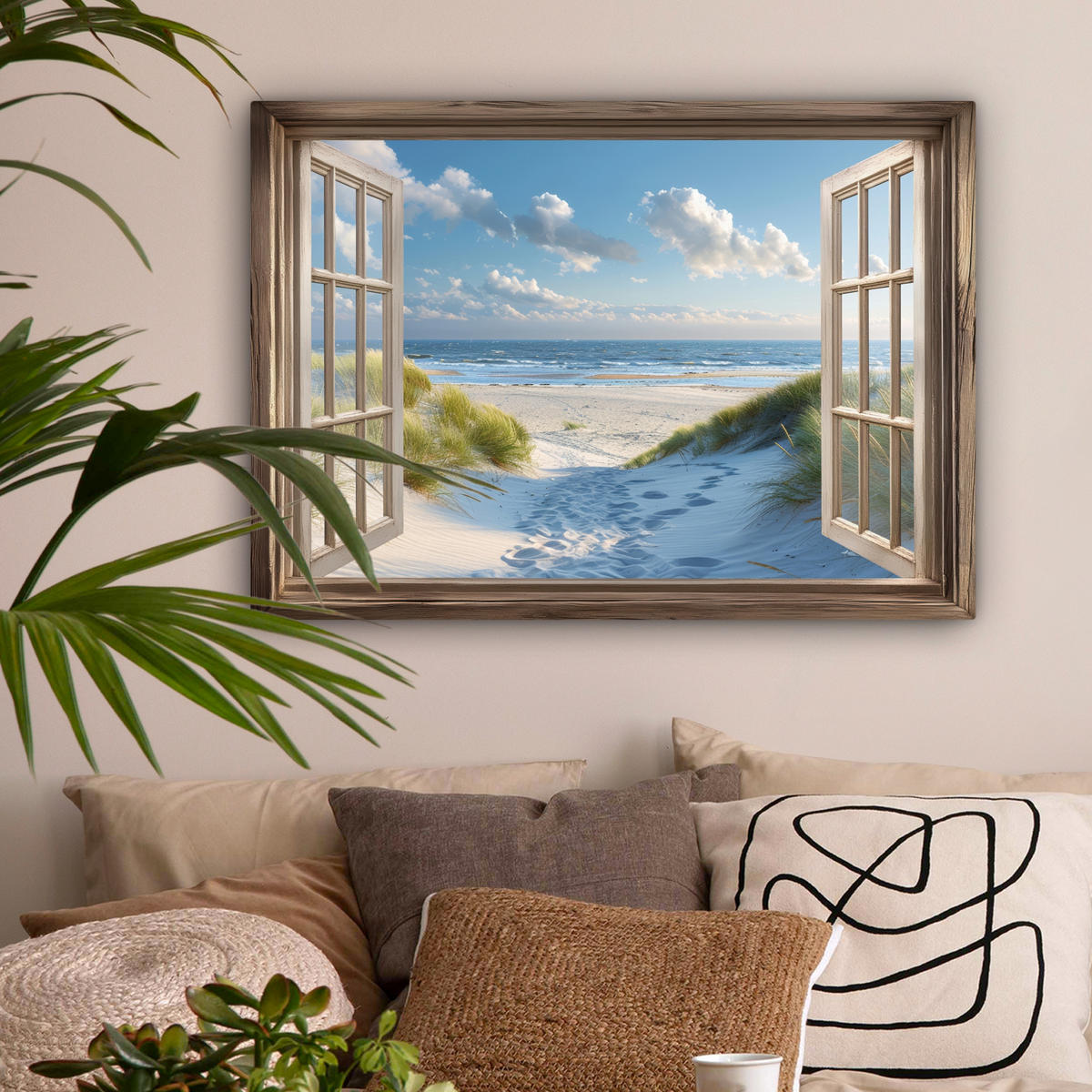 LEINWANDBILD Aussicht - Strand - Fenster - Dünen - Meer Wandbilder 80x60 cm - Hellblau, Textil (80/60cm) - MuchoWow