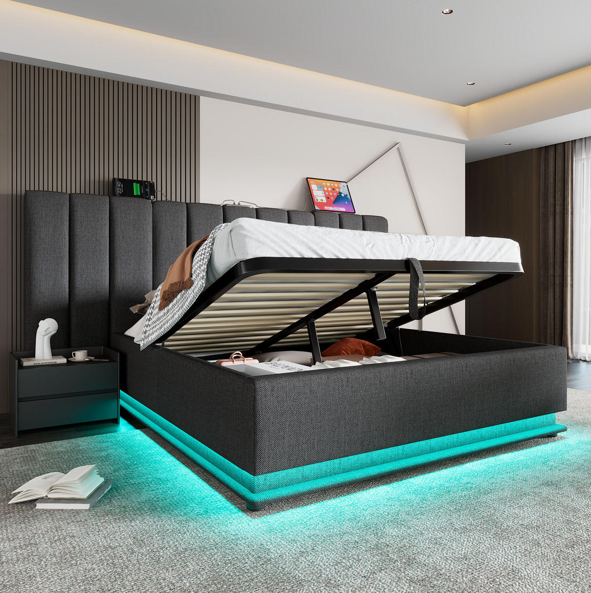 POLSTERBETT mit LED-Beleuchtung 180/200 cm mit Bettkasten, USB-C und Matratze - Grau, Textil (180/200cm) - BEAOK