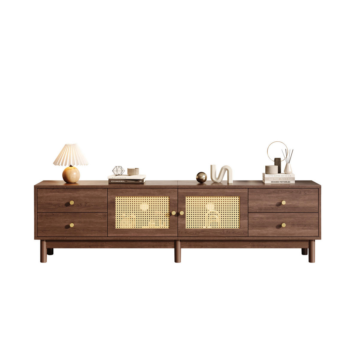 TV-SCHRANK 180/35/44 cm braun Spanplatte mit Rattantüren und 4 Schubladen - Rotbraun, Holzwerkstoff (180/44/35cm) - OKWISH