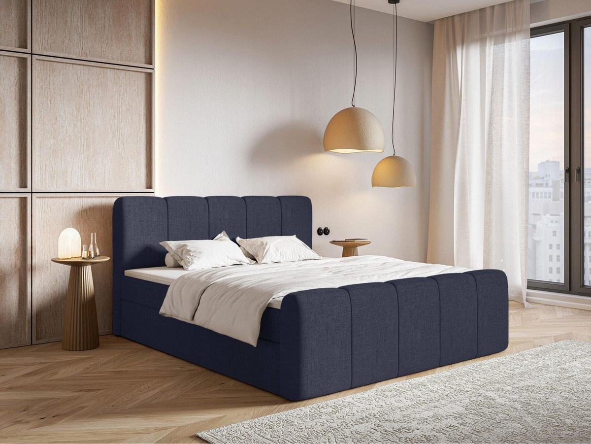 BOXBETT Cloudy II mit Bettkästen und Topper Chenille Marineblau, 200x200 cm - Schwarz/Dunkelblau, Kunststoff/Textil (200/200cm) - Selsey