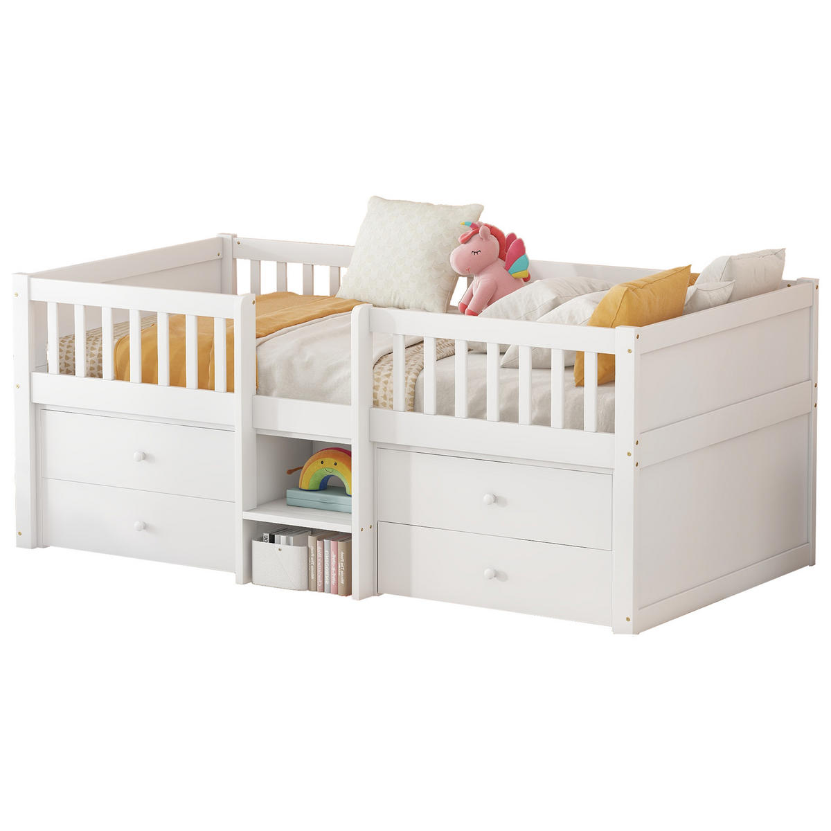 HOCHBETT 90/200 cm weiß mit 4 Schubladen und Sicherheitsgeländer - Weiß, Holz (90/200cm) - OKWISH