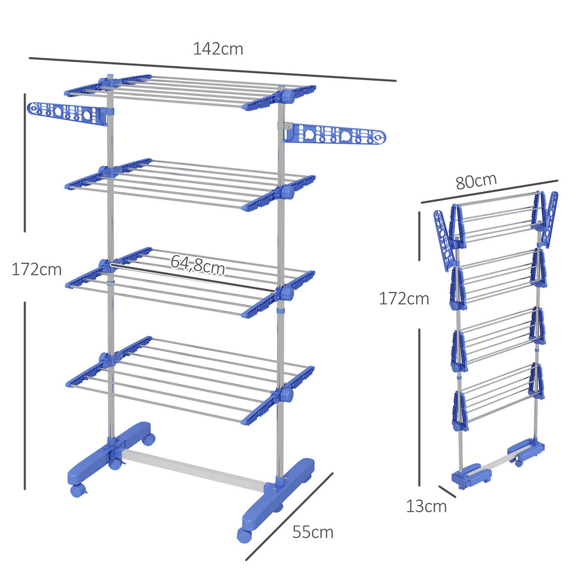 WÄSCHESTÄNDER DE-09794 5 Ebenen, klappbar mit 6 Rollen Blau+Silber - Blau, Metall (142/172/55cm) - ComfortXL