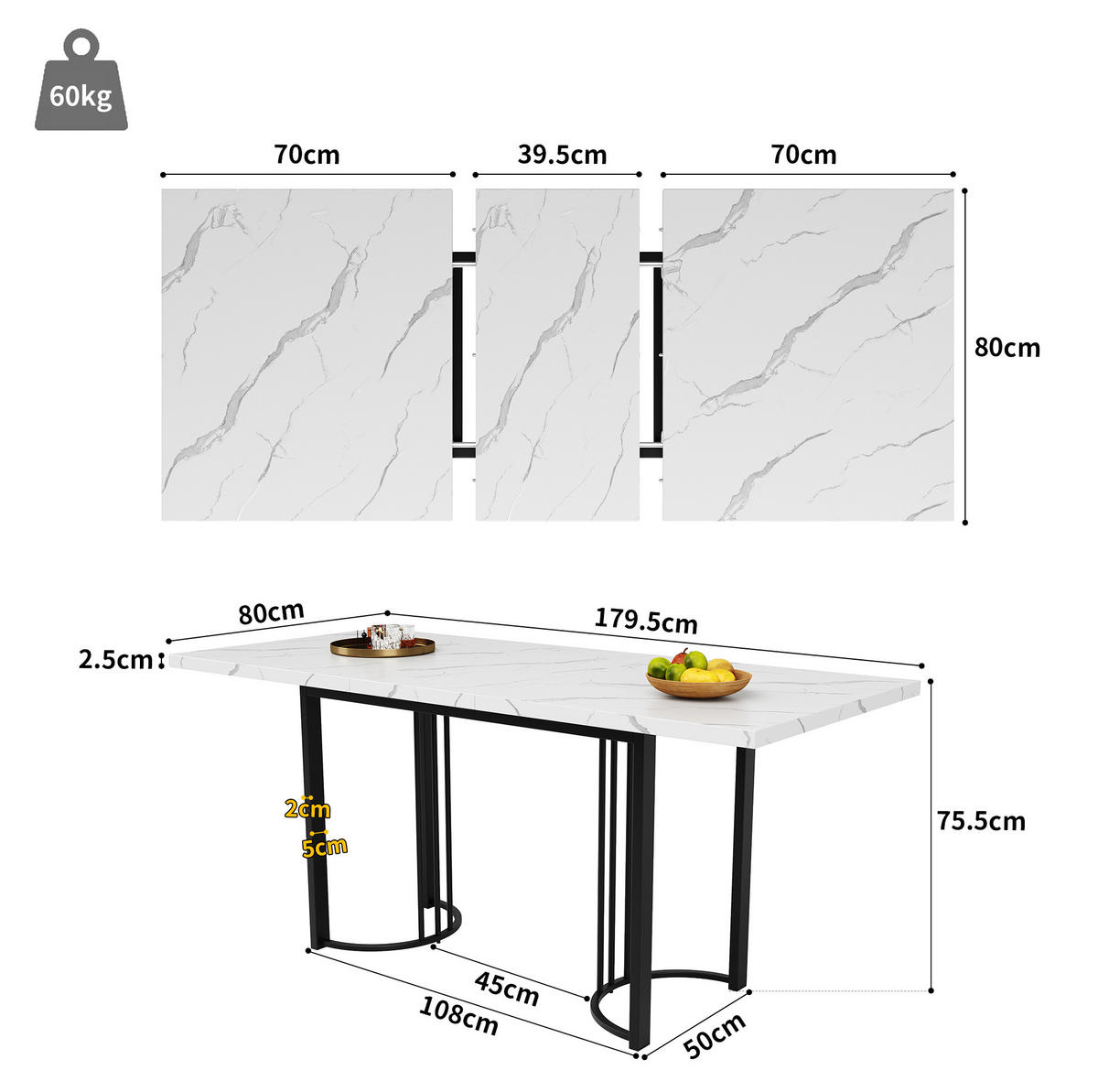 ESSGRUPPE 9-tlg. ausziehbar 140-179,5 x 80 cm Black/White - Schwarz, Metall (80/75.5/179.5cm) - Meubliv
