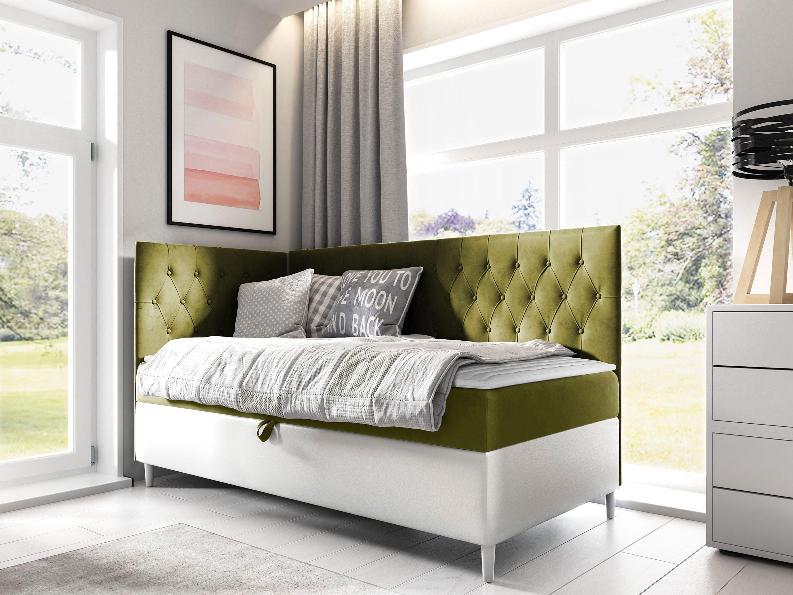 BOXBETT Filip Junior 3, Seite zum Öffnen des Bettkastens: Links - Weiß/Grün, Holz (100/200cm) - MIRJAN24