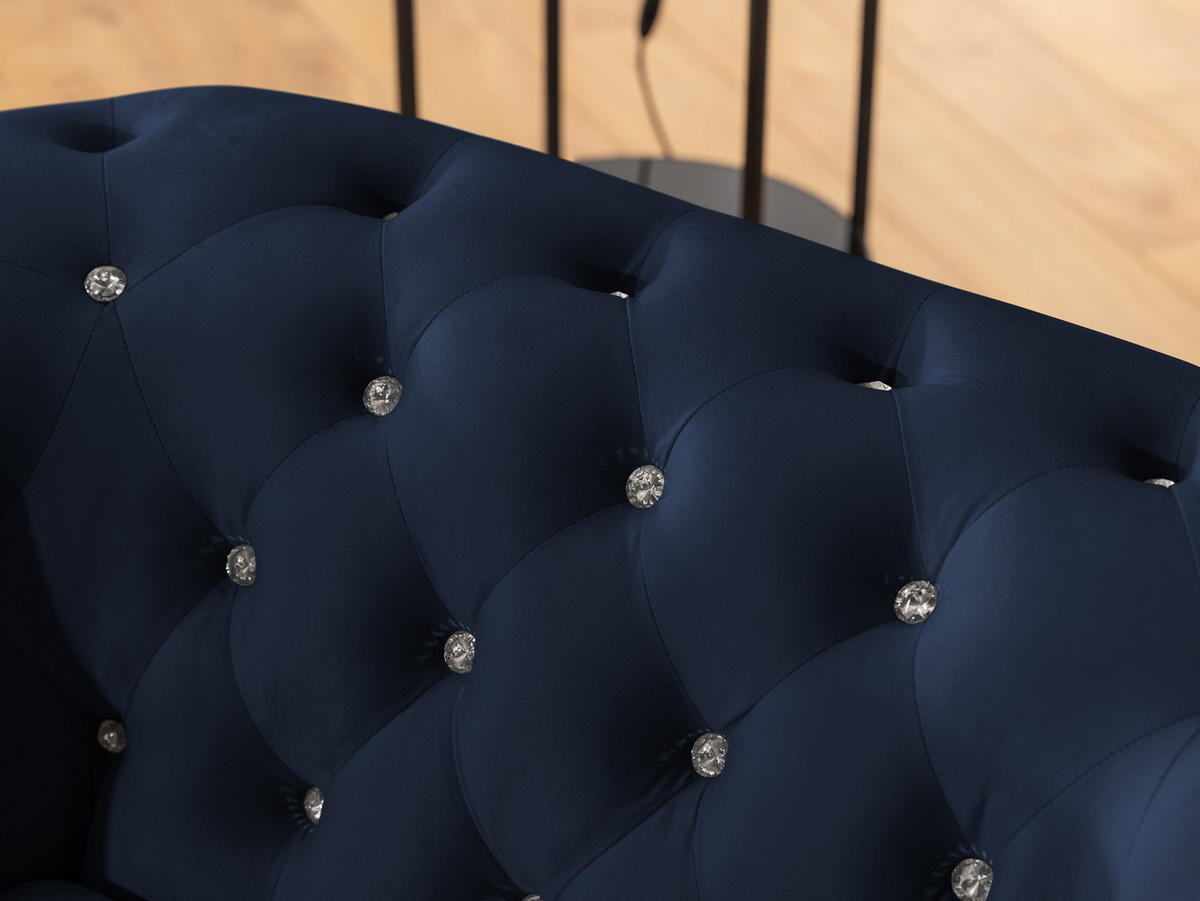 SITZGARNITUR 3+2 Chesterfield Cleo Blink Marineblau Samt mit Kristallsteppung und braunen Massivholzfüßen - Blau/Braun, Holz/Textil (203/72/86cm) - S-Style Möbel