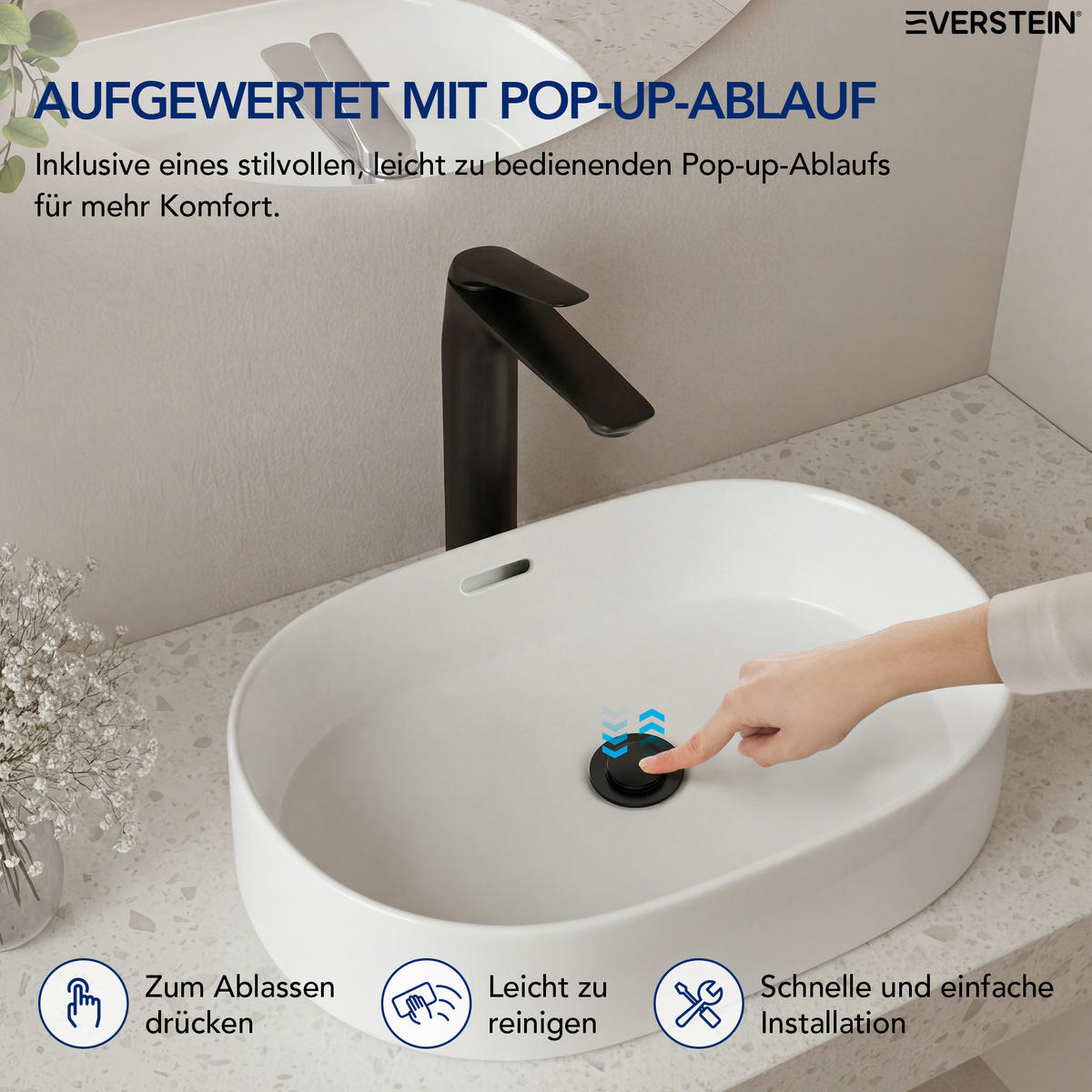 WASCHTISCHARMATUR Schwarz Matt, Hoch, Aufsatzwaschbecken, Einhebelmischer, Softline - Schwarz, Metall (4.6/30.2/20cm) - Everstein