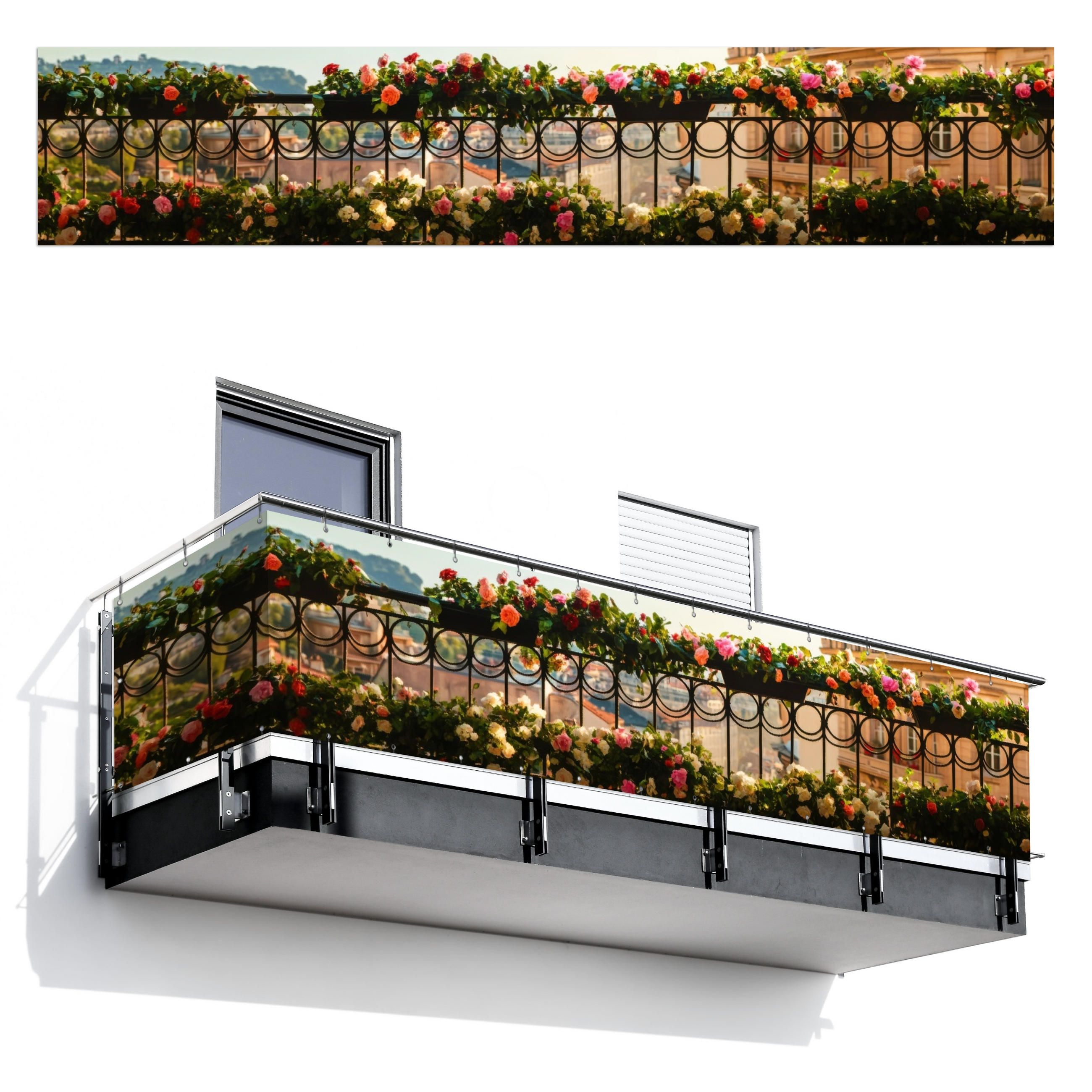 BALKON-SICHTSCHUTZ Blumen - Zaun - Stadtbild - Sommer - Pink, Kunststoff (500/95cm) - MuchoWow