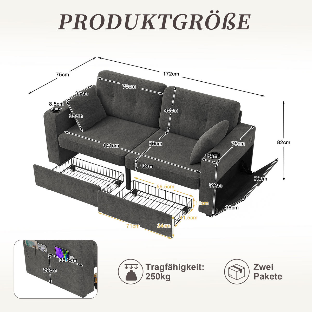 2-SITZER Sofa aus Chenille 172x75x82 cm mit USB-Anschlüssen & Stauraum, grau - Grau, Textil (75/82/172cm)