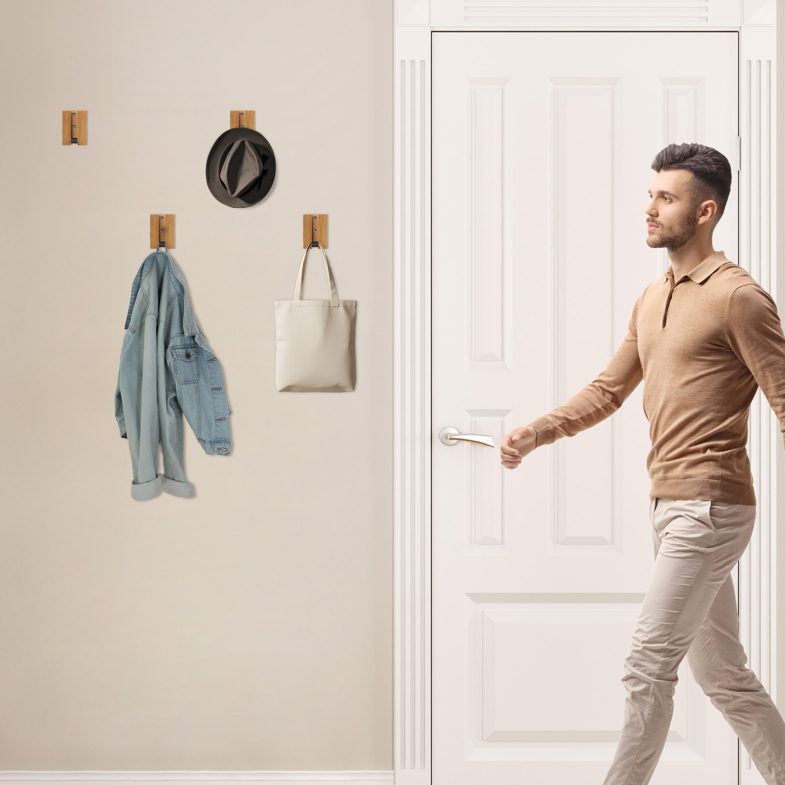 GARDEROBENHAKEN-SET - Hellbraun, Holz/Metall (5/7/5cm) - Relaxdays