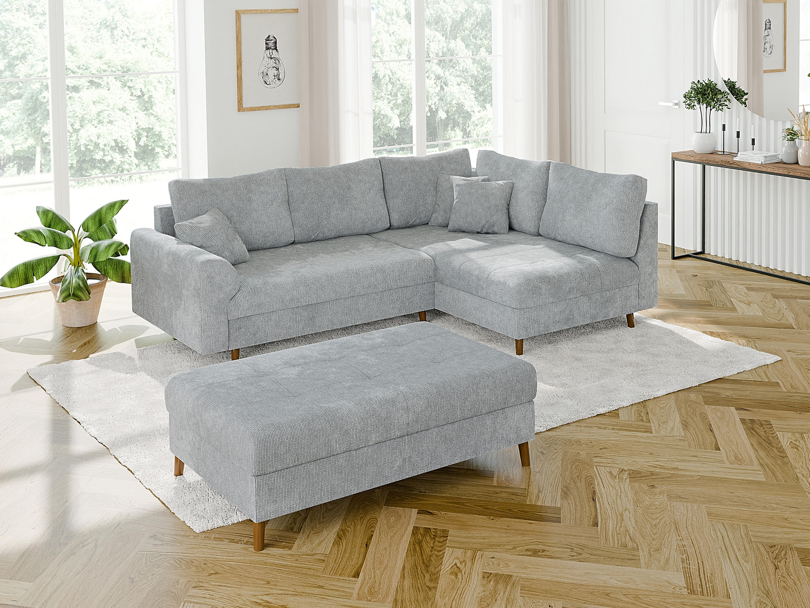 ECKSOFA inkl. Hocker Sigurd Hellgrau Chenille - Ottomane rechts - Hellgrau/Braun, Holz/Textil (231/161cm) - S-Style Möbel