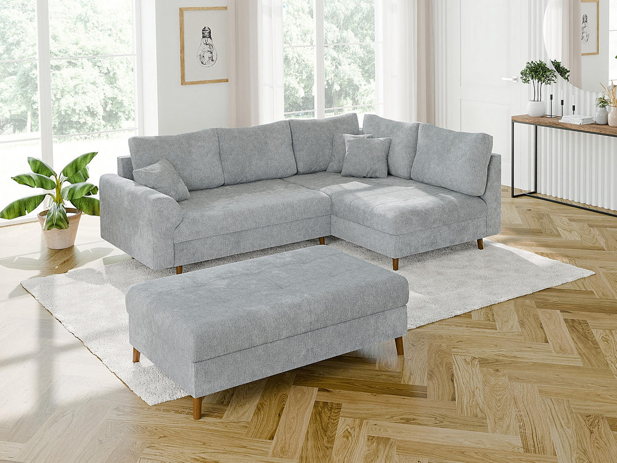 ECKSOFA inkl. Hocker Sigurd Hellgrau Chenille - Ottomane rechts - Hellgrau/Braun, Holz/Textil (231/161cm) - S-Style Möbel