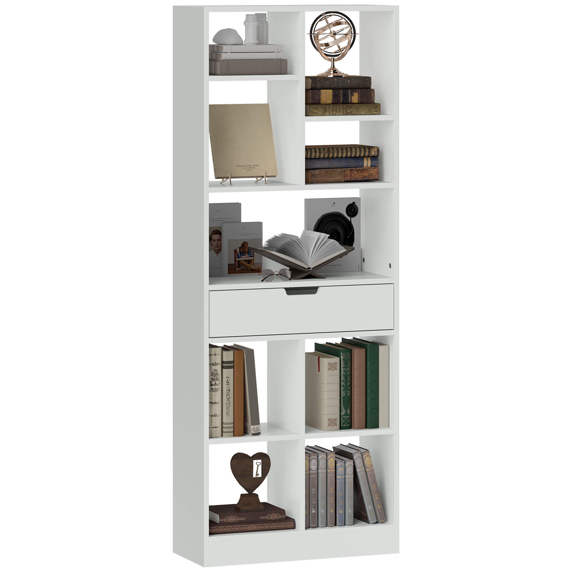 BÜCHERREGAL DE-09382 9 Fächer mit Schublade Weiß - Weiß, Holzwerkstoff (26/158/60cm) - ComfortXL