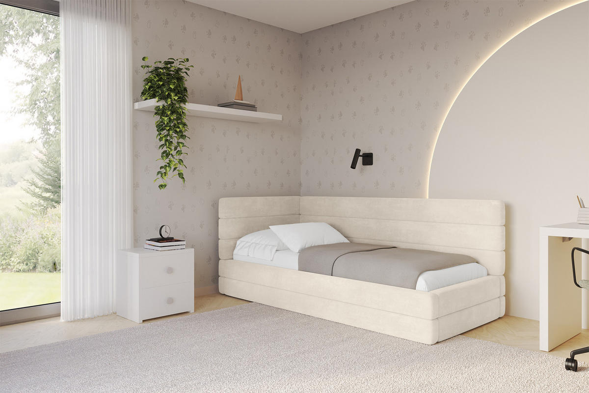 EINZELLBETT Jugendbett mit Bettkasten, Rechts - BEMY 90x200 Beige - Naturfarben, Holzwerkstoff/Textil (90/200cm) - ALTDECOR