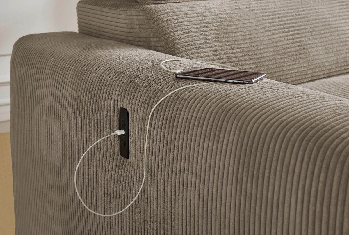 ECKSOFA mit elektrischer Sitztiefenverstellung, Kopflehnen verstellbar, USB-A und USB-C Ladefunktion B277/T187/H109 cm, Cord Braun Taupe / 15401 - Taupe/Eichefarben, Eichenholz/Textil (277/187cm) - luma-home