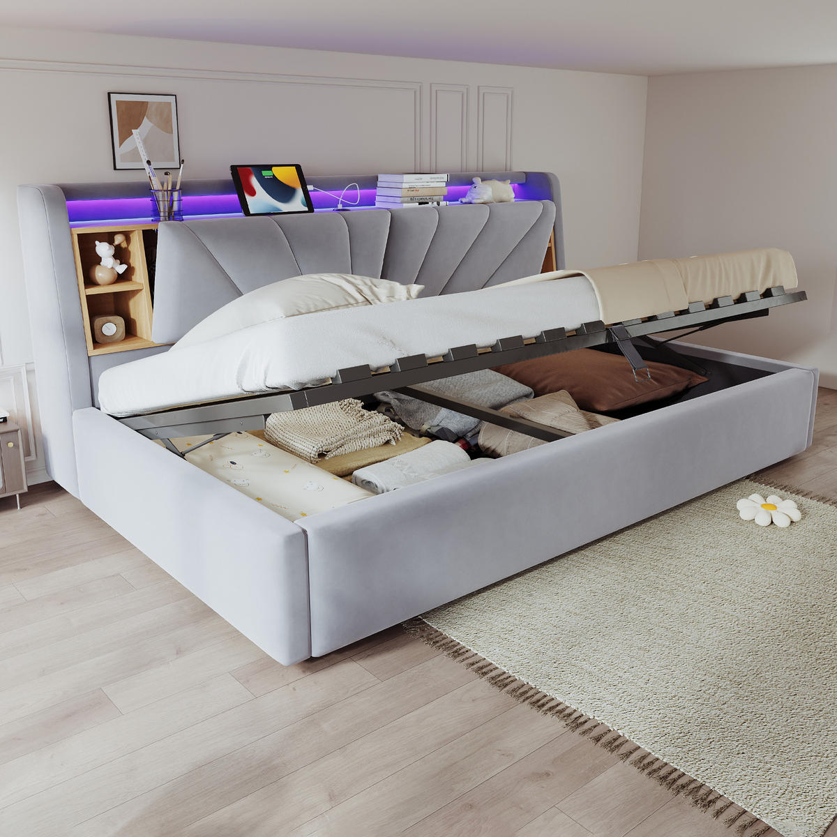 POLSTERBETT 90*200 cm mit LED, USB und Stauraum, Hellgrau - Hellgrau, Textil (90/200cm) - FLIEKS