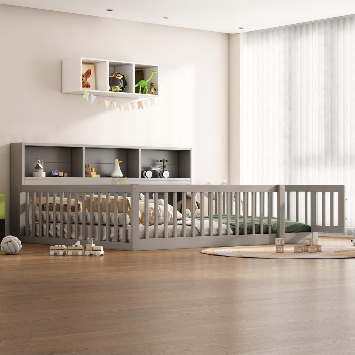 BODENBETT 140/200 cm grau mit Staufach und Lattenrost - Grau, Holz (140/200cm) - OKWISH