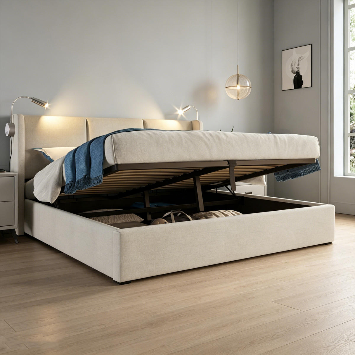 POLSTERBETT 160x200 mit stauraum, bettgestell 160x200 mit Bettkasten, Leselampe, USB, Lattenrost, Kopfteil, Leinenstoff, beige - Beige, Holz/Textil (160/200cm) - GENKI LIVING