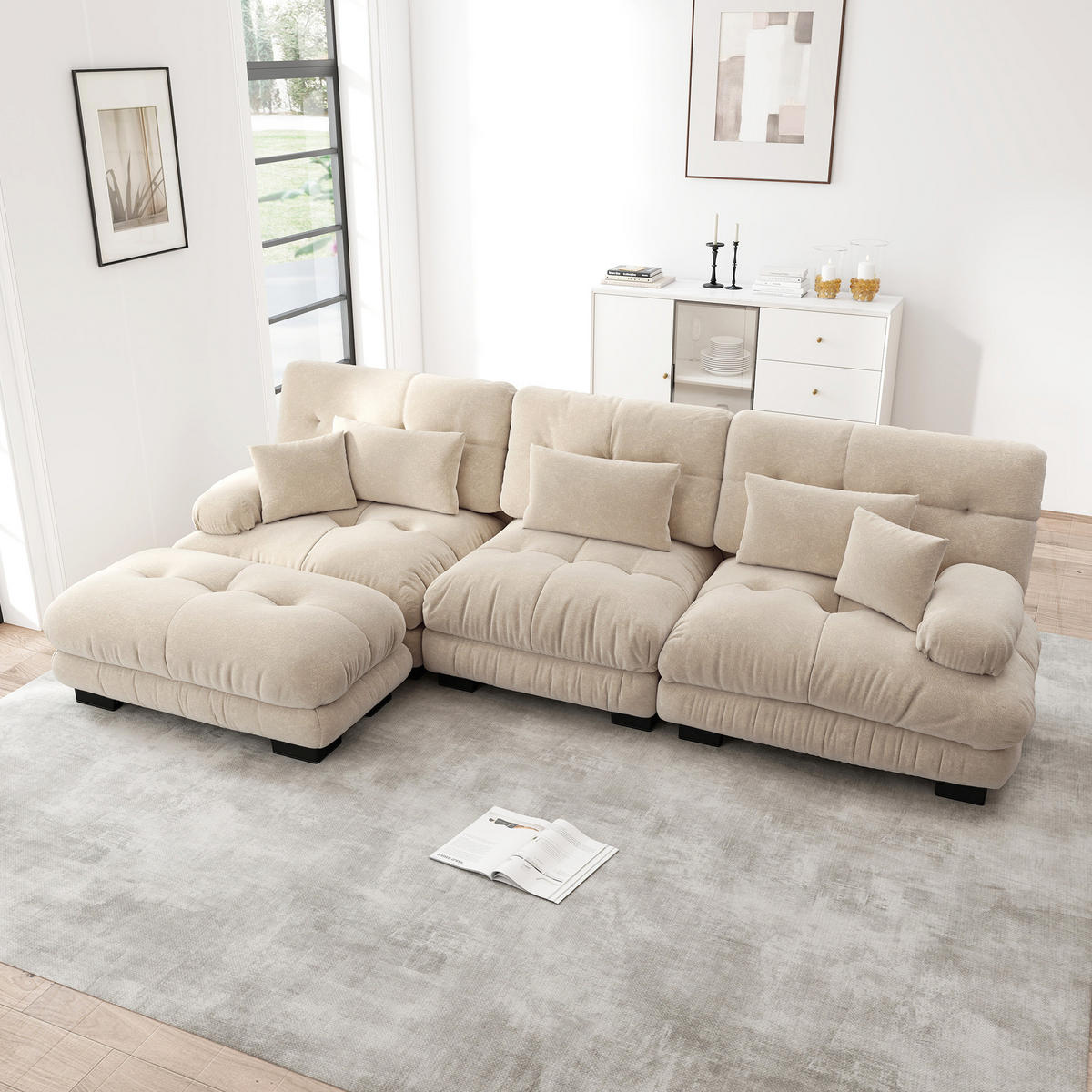 ECKSOFA in Hellbraun aus Chenille mit Ottomane, modular und besonders bequem - Cappuccino, Textil (145/313cm) - Flora Grace