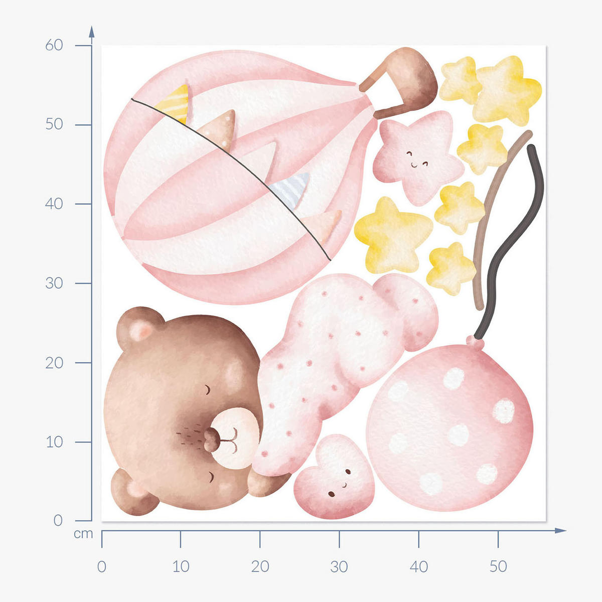 WANDAUFKLEBER 60x56cm - Teddybär-Luftballons und Sterne - Multicolor, Kunststoff (60/56/0.1cm) - Wallfluent
