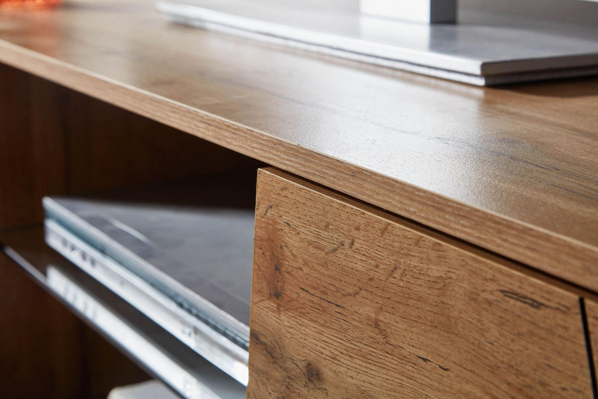 LOWBOARD Eiche-Dekor Modern Stil für 70-Zoll Fernseher mit Glasablage - Braun, Holz (160/50/40cm) - KADIMA DESIGN