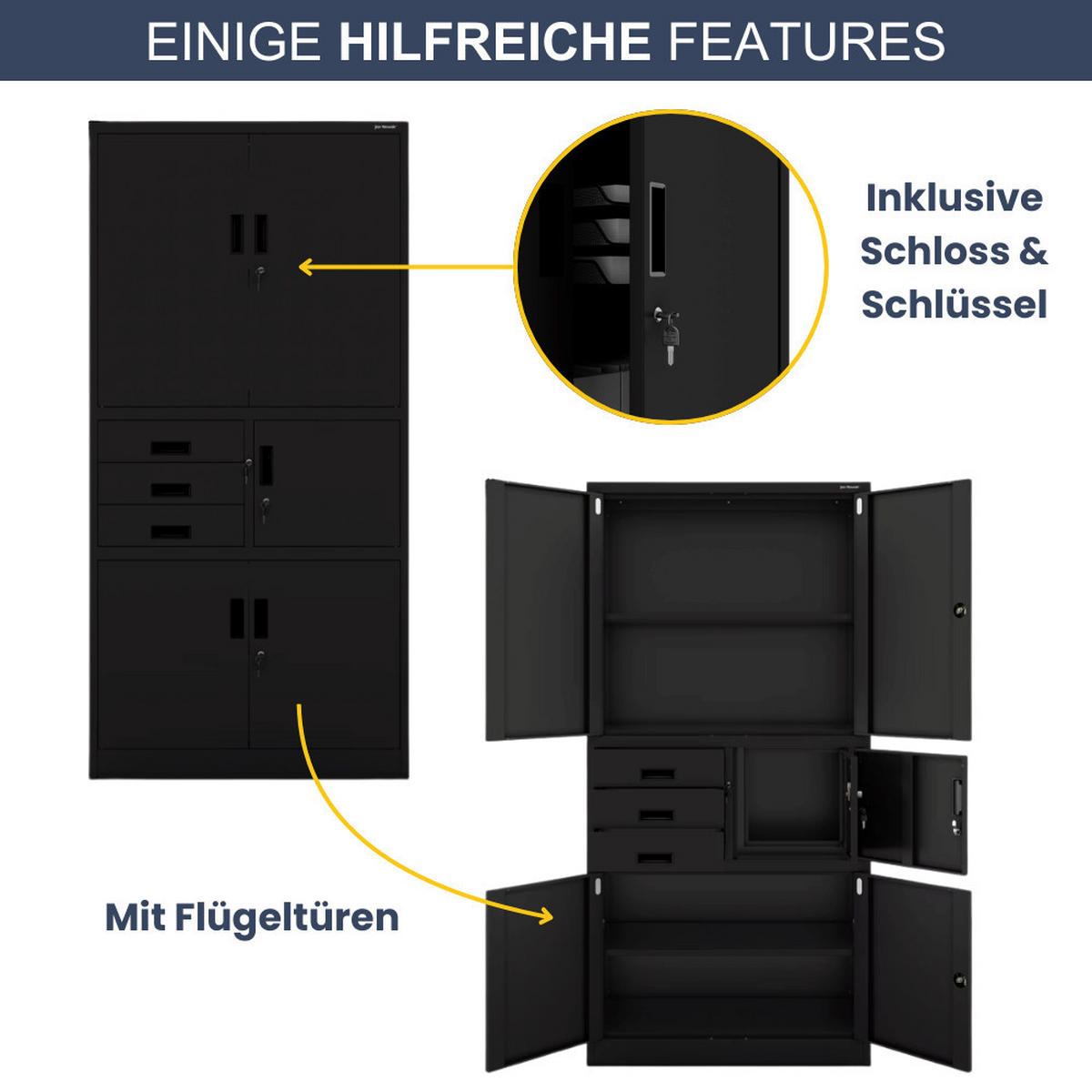 AKTENSCHRANK abschließbar GEDO mit Tresor 185x90x40cm Schwarz - Schwarz, Metall (90/185/40cm) - DELUKE